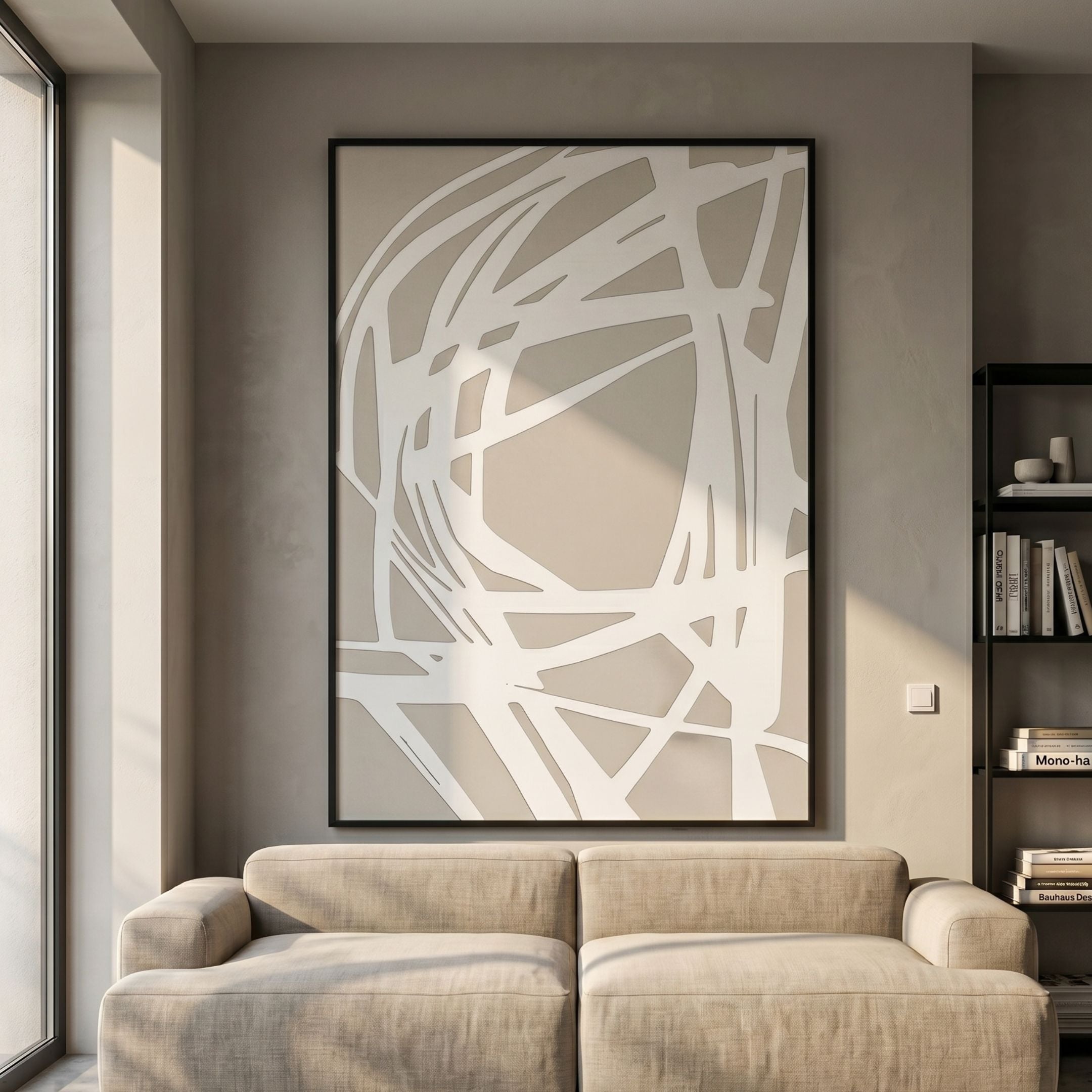 Deralin Taupe Tangle Abstract 3D Carving Wall Art by Giant Sculptures displayed above a beige sofa in a neutral living room with a black bookshelf.