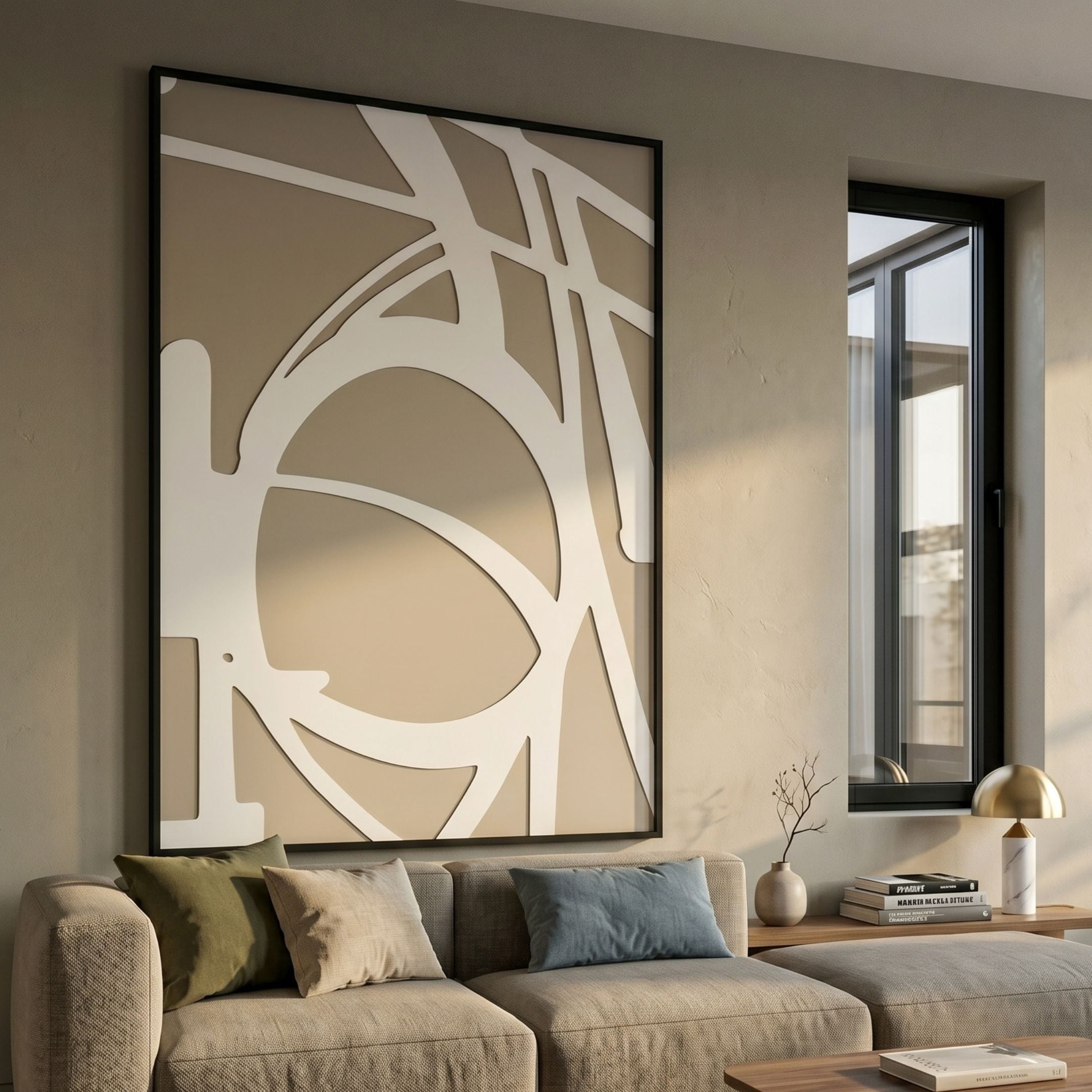 Deralin Taupe Orbital Abstract 3D Carving Wall Art by Giant Sculptures mounted above a beige sofa with olive and blue cushions beside a tall window.