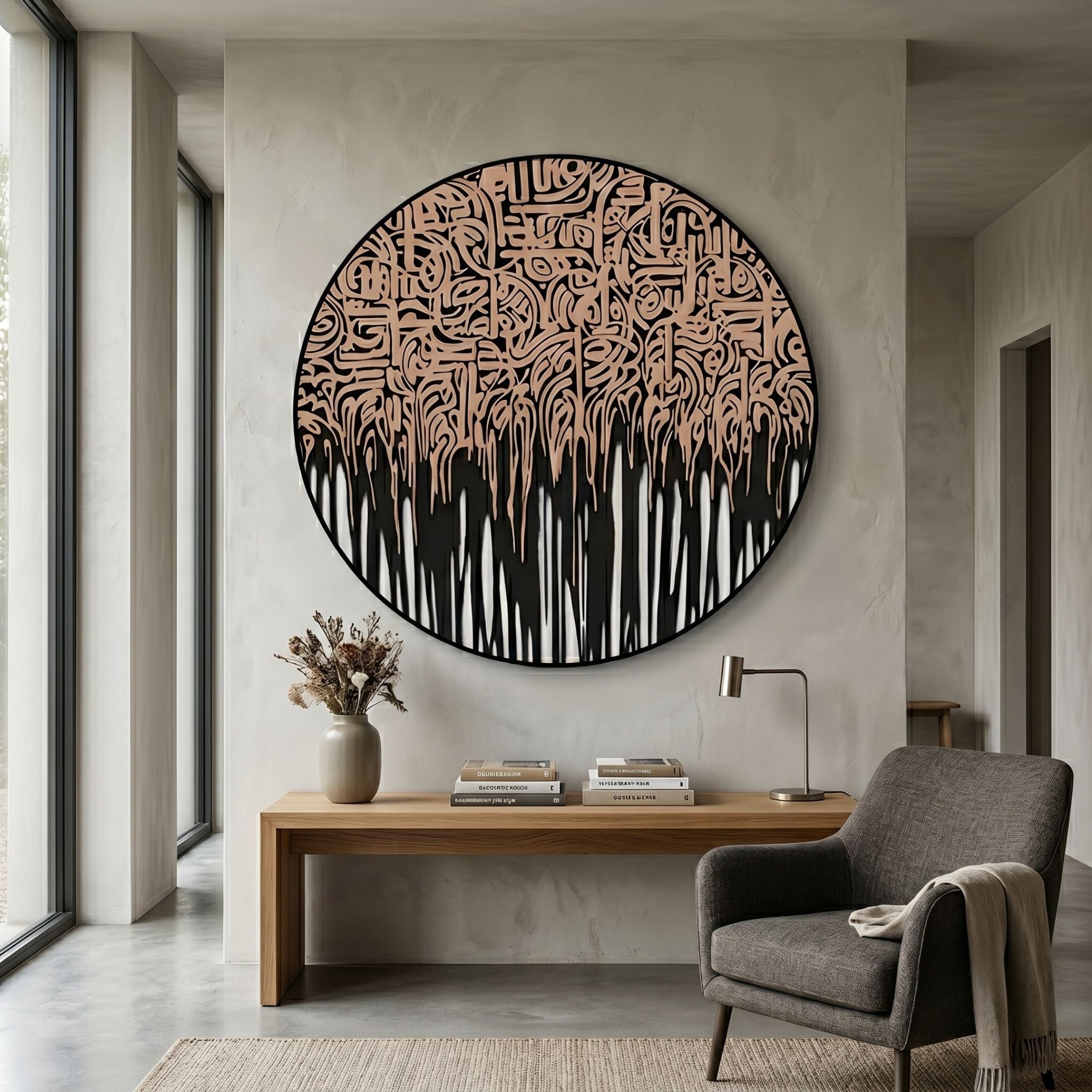 Reverie Sand Drip Round 3D Relief Wall Art by Giant Sculptures with beige calligraphy melting into black drips, hung above an oak console in a neutral hallway.