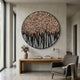 Reverie Sand Drip Round 3D Relief Wall Art by Giant Sculptures with beige calligraphy melting into black drips, hung above an oak console in a neutral hallway.