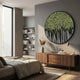 Reverie Verdant Drip Round 3D Relief Wall Art by Giant Sculptures displayed above a walnut sideboard in a modern bedroom with grey walls and bookshelves.