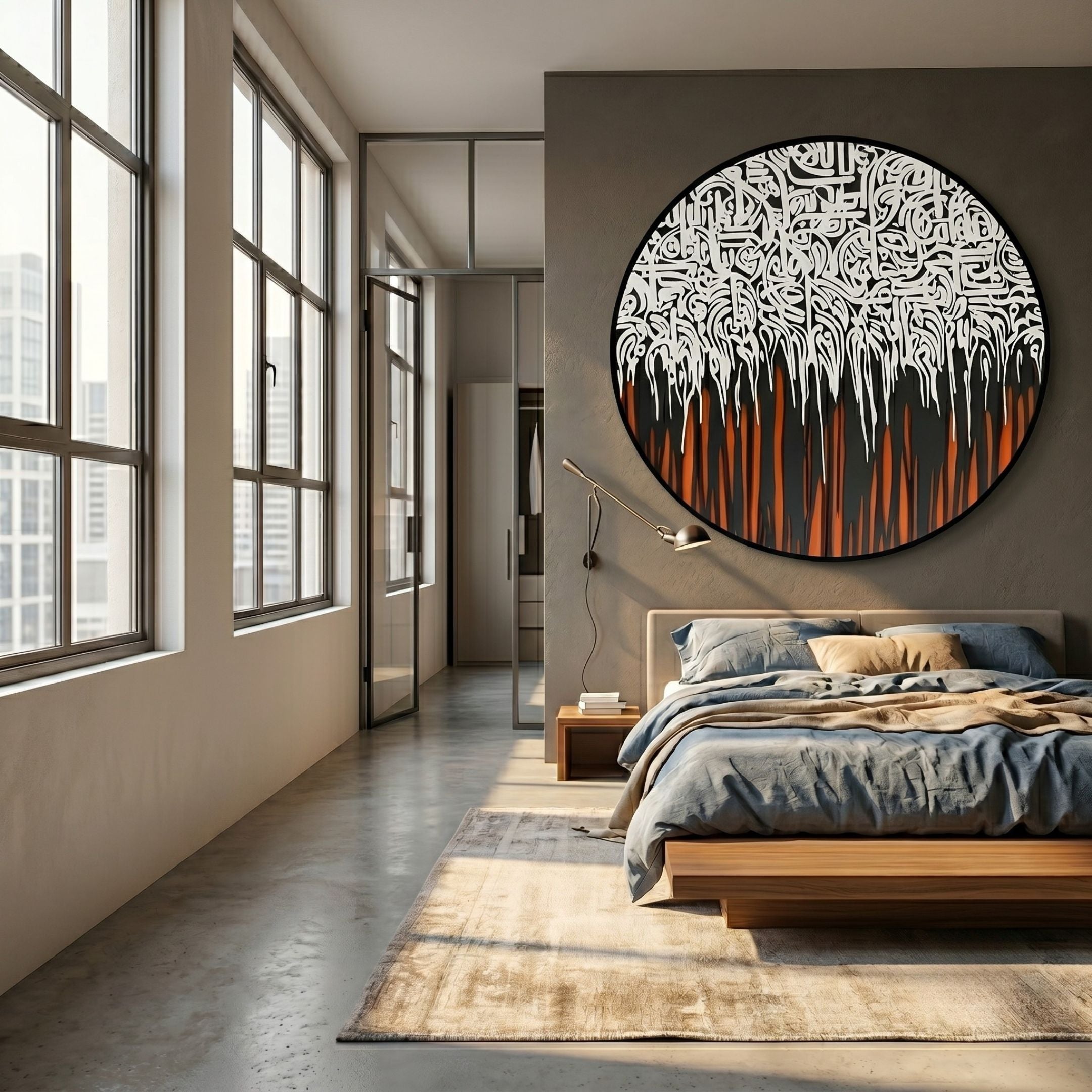 Reverie Flame Drip Round 3D Relief Wall Art by Giant Sculptures mounted above a wooden platform bed in a modern bedroom with large windows and concrete floor.