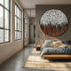 Reverie Flame Drip Round 3D Relief Wall Art by Giant Sculptures mounted above a wooden platform bed in a modern bedroom with large windows and concrete floor.