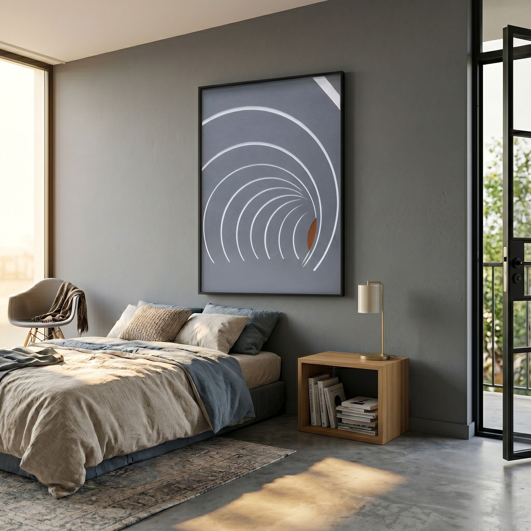 Kairo Radial Flow Slate 3D Carving Wall Art by Giant Sculptures mounted above a linen-dressed bed with a wooden nightstand in a sunlit grey bedroom.