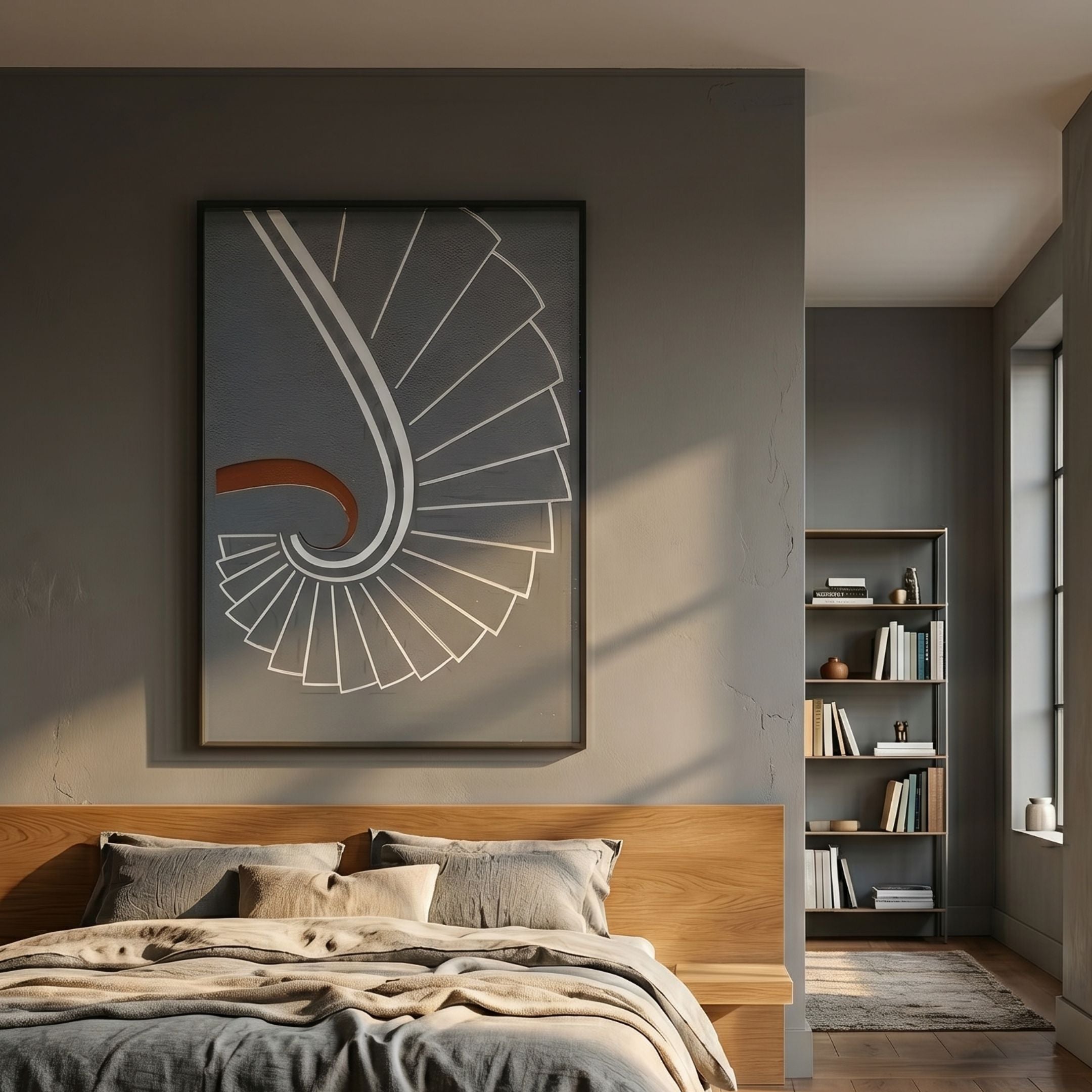 Kairo Spiral Sweep Slate 3D Carving Wall Art by Giant Sculptures displayed above a wooden bed in a grey modern bedroom beside a tall bookshelf.