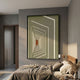 Kairo Linear Depth Olive 3D Carving Wall Art by Giant Sculptures displayed above a linen-dressed bed in a modern grey bedroom with wood accents.
