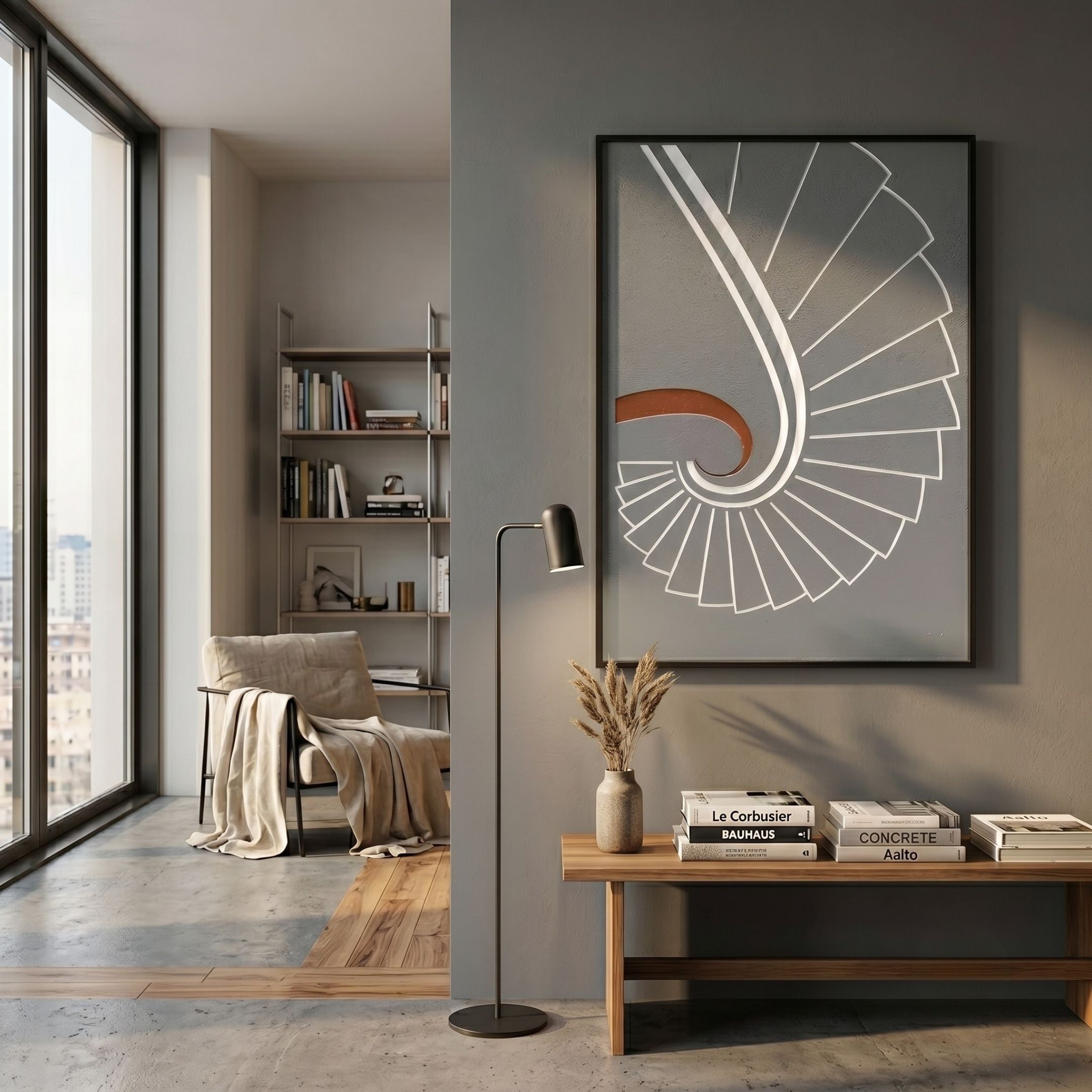 Kairo Spiral Sweep Grey 3D Carving Wall Art by Giant Sculptures displayed above a wooden console in a modern living room with reading nook and floor lamp.
