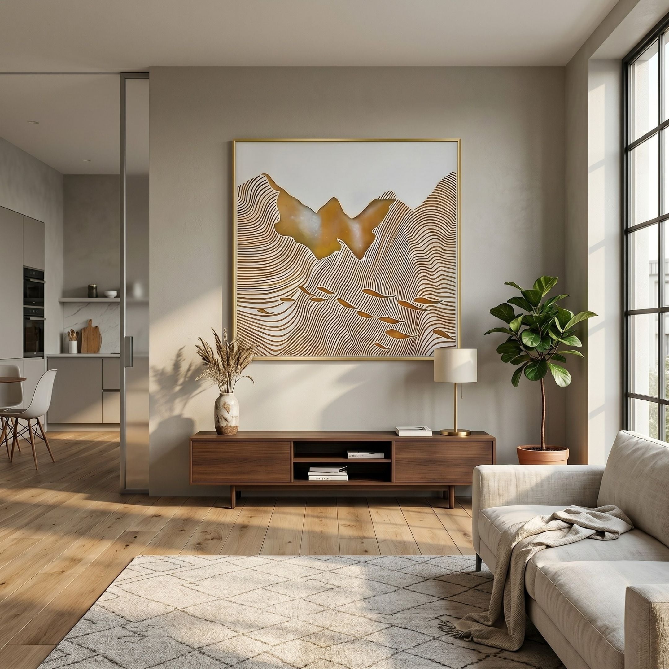 Solcanto Golden Fishland 3D Carving Wall Art with gold and brown wave-line landscape above a walnut console in a sunlit modern living room.