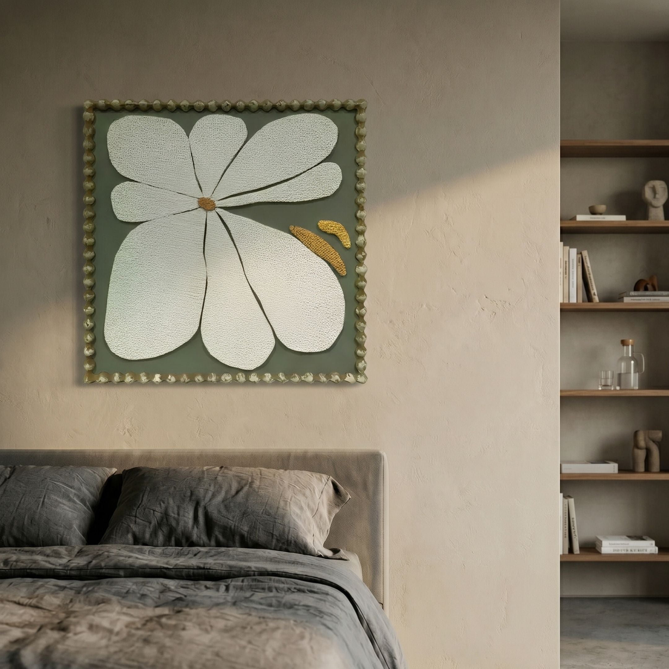 Petala Green & White Bloom Wood Relief 3D Wall Art by Giant Sculptures displayed above a linen-dressed bed in a warm bedroom beside open wooden shelving.