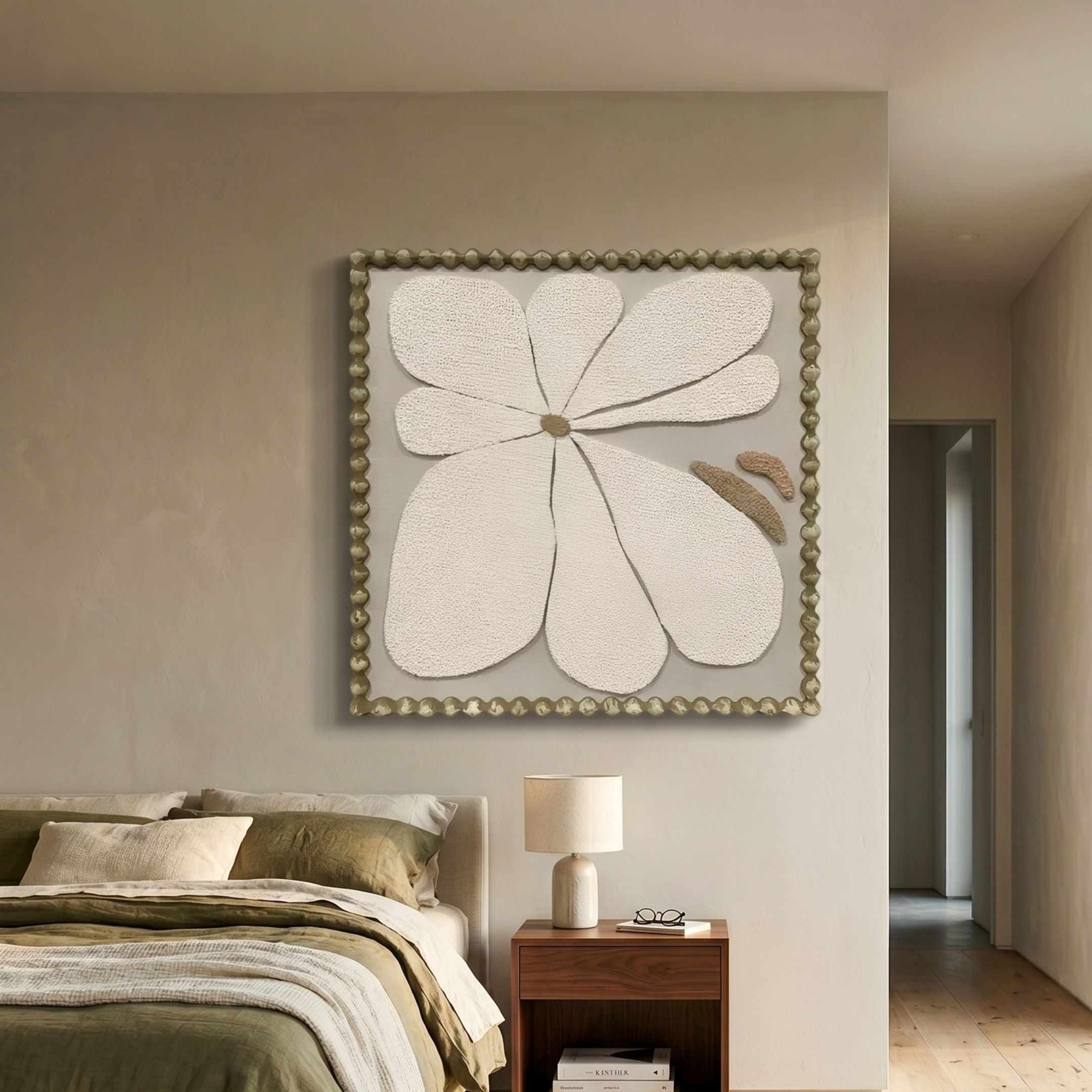 Petala Beige & White Bloom Wood Relief 3D Wall Art with beaded frame displayed above a wooden nightstand and olive-toned bed in a neutral bedroom.