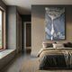 Virelai Slate Abstract Oil Painting 3D Wall Art by Giant Sculptures, depicting a grey-blue waterfall between dark cliffs, hung above a bed in a modern bedroom.