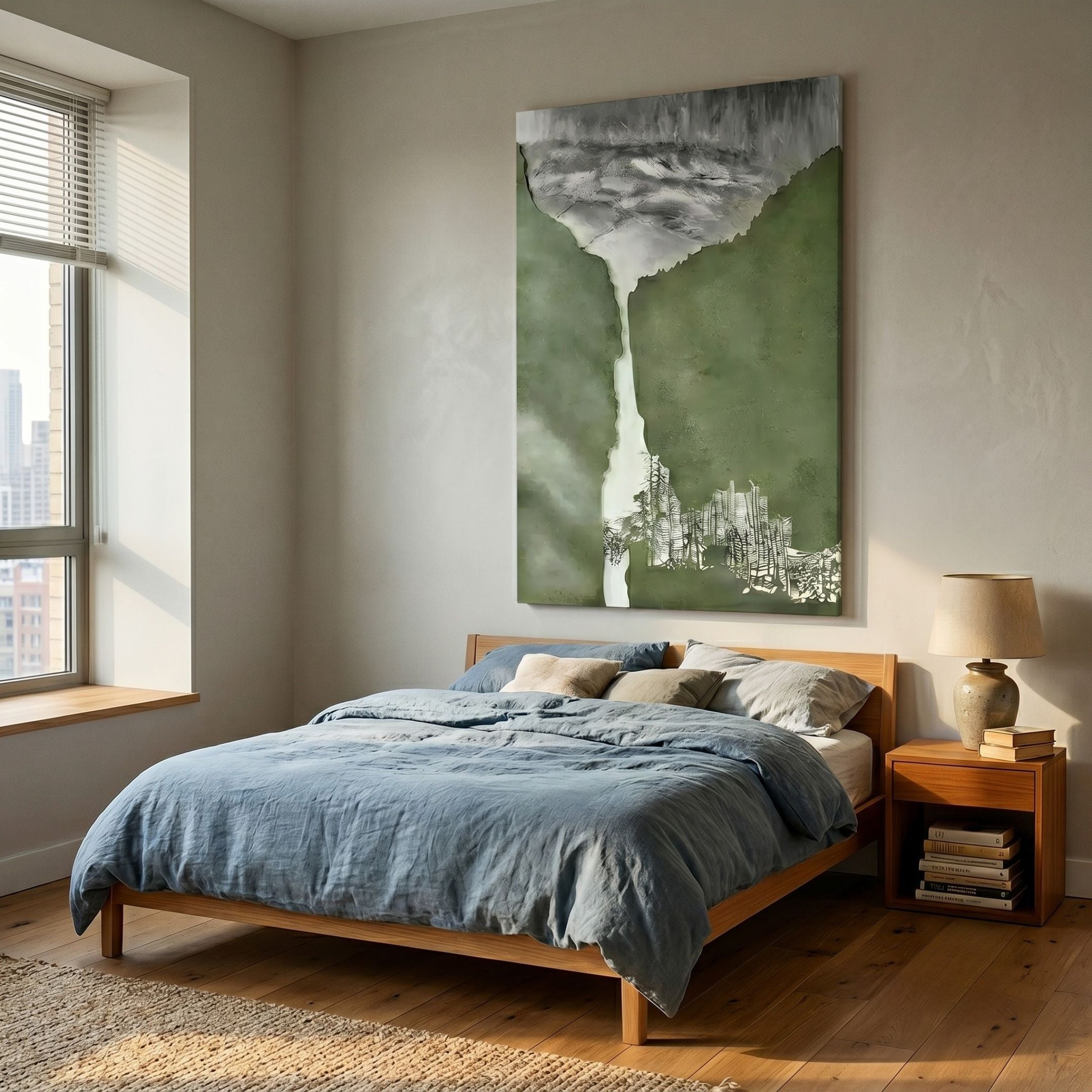 Virelai Verdant Abstract Oil Painting 3D Wall Art by Giant Sculptures displayed above a wooden bed with blue linen in a sunlit bedroom.