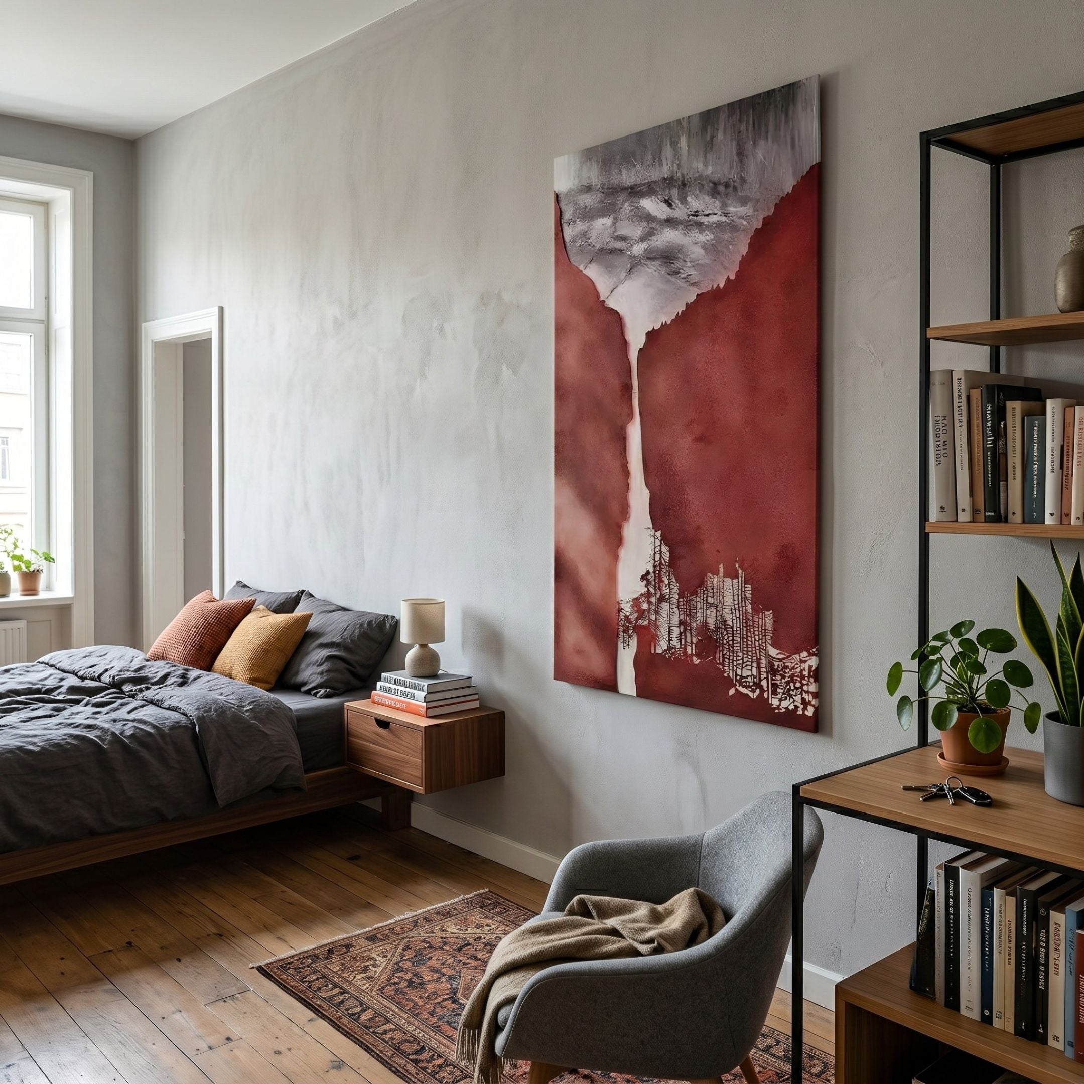 Virelai Crimson Abstract Oil Painting 3D Wall Art by Giant Sculptures hung above a wooden bed with grey linens in a Scandinavian bedroom with bookshelf.