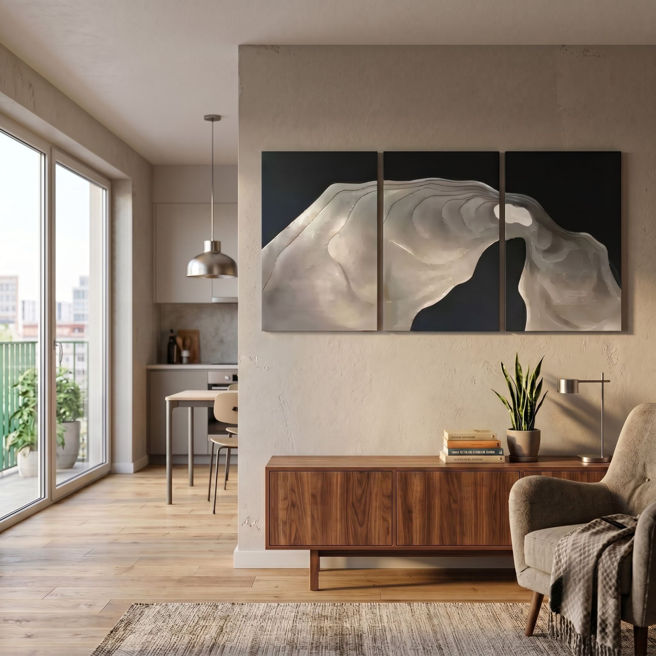 Alvarae 3-Panel Flowform Wood Carving 3D Wall Art by Giant Sculptures, beige carved relief on dark panels, mounted above a walnut sideboard in a modern living room.