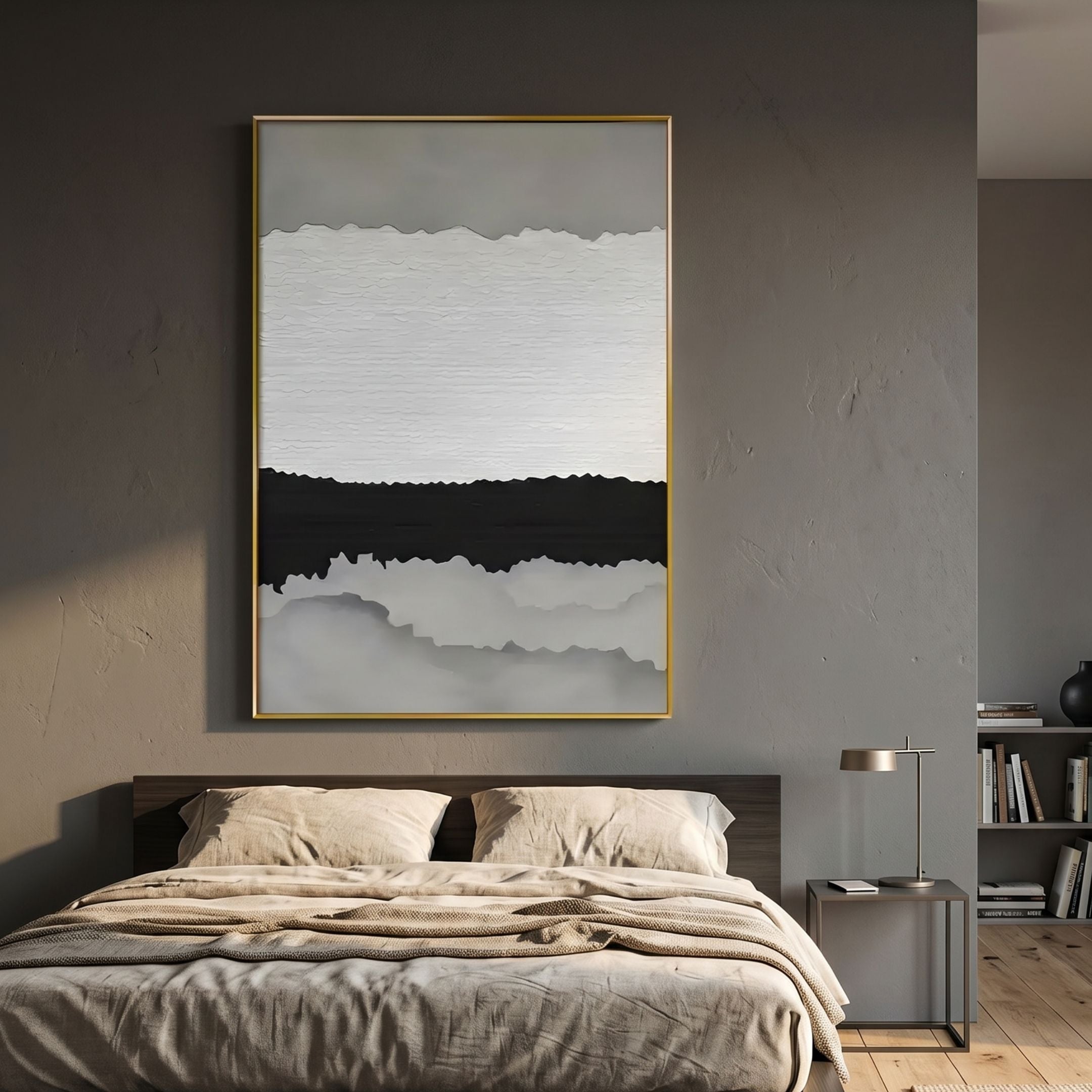 Stratisse Grey Vertical Layered 3D Carving Wall Art in a gold frame above a dark wood bed with linen bedding, set against a grey bedroom wall.