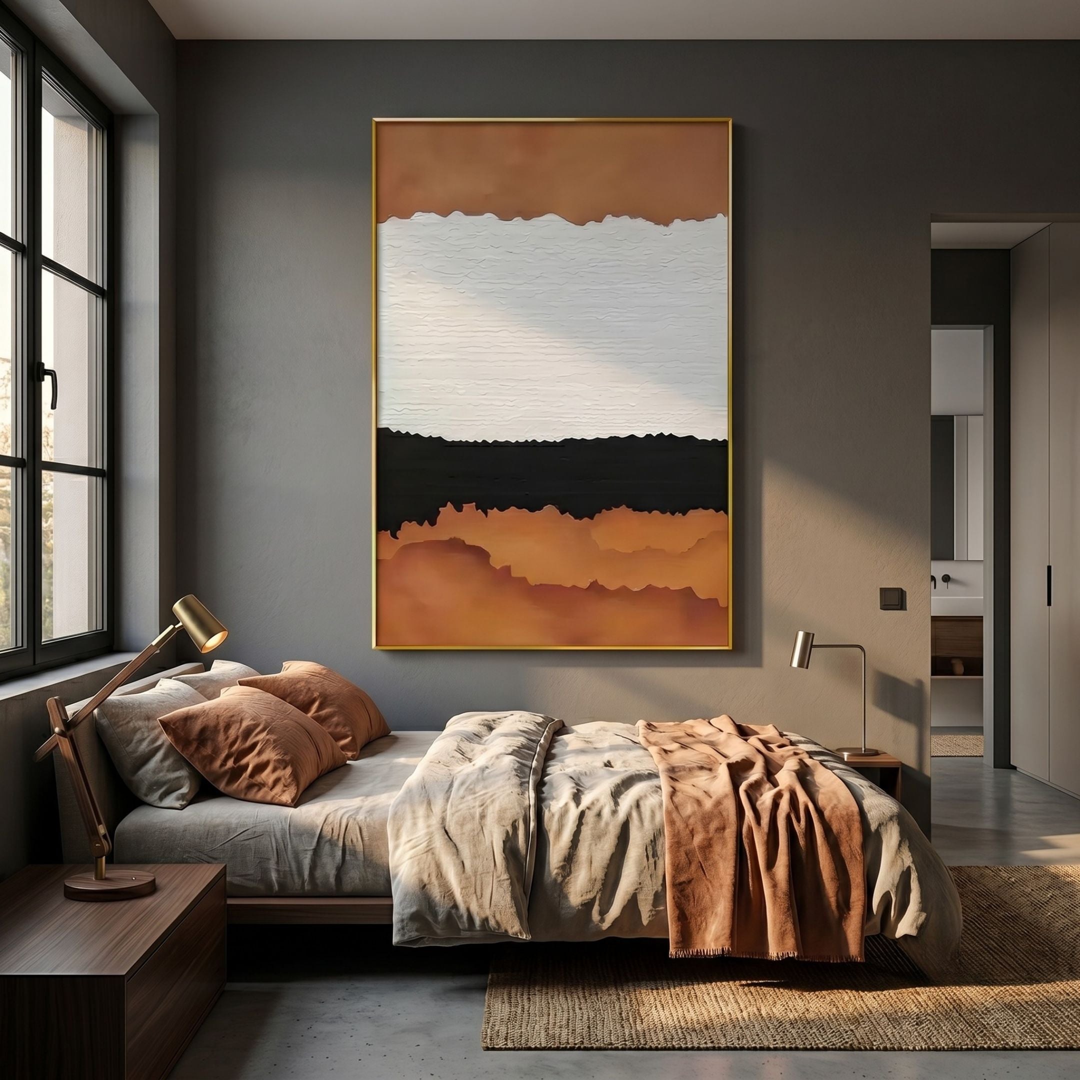 Stratisse Ochre Vertical Layered 3D Carving Wall Art by Giant Sculptures in a gold frame above a bed with rust and grey linens in a modern bedroom.