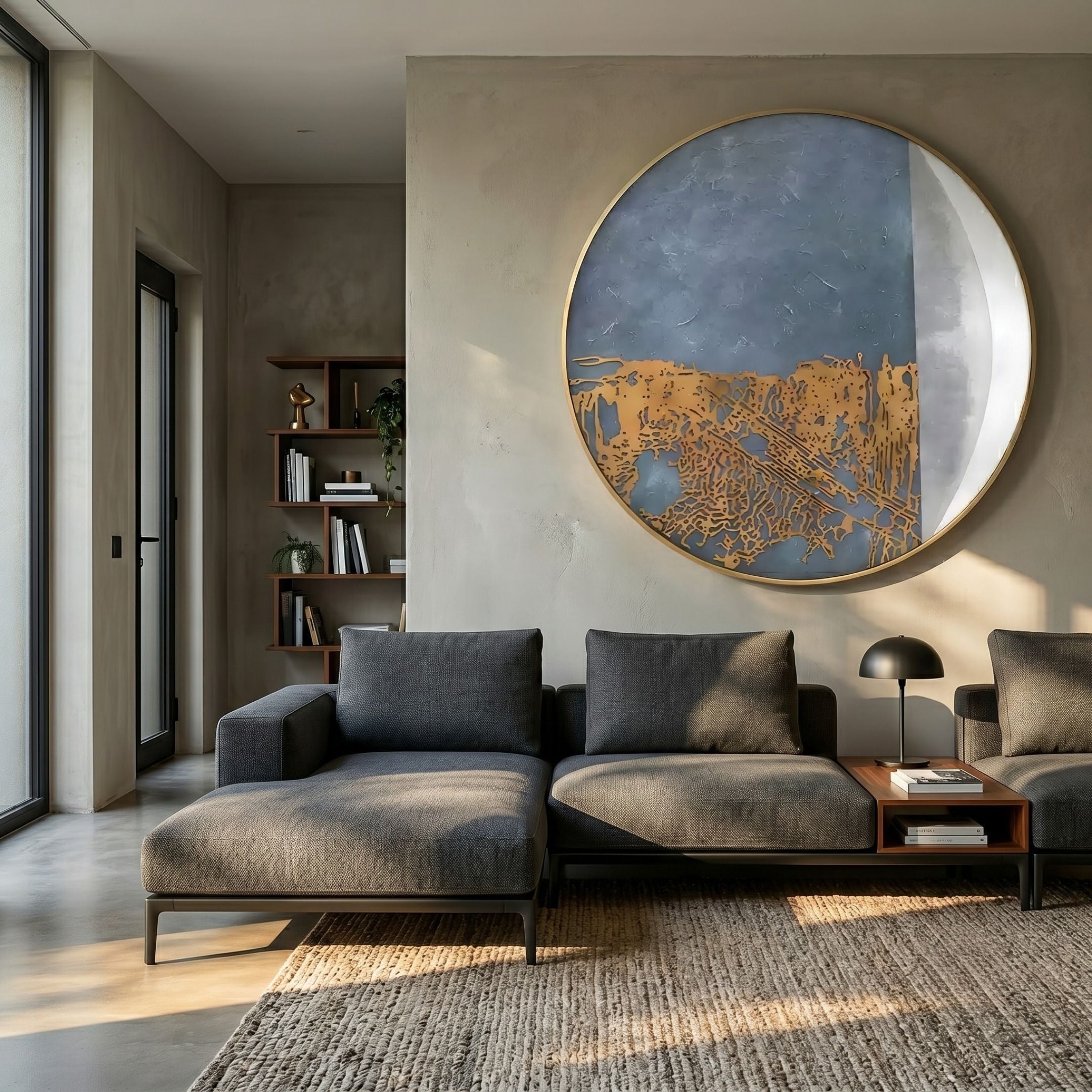 Orizon Azure & Brass Layered Round 3D Carving Wall Art by Giant Sculptures, mounted above a grey sectional sofa in a modern living room with bookshelf.