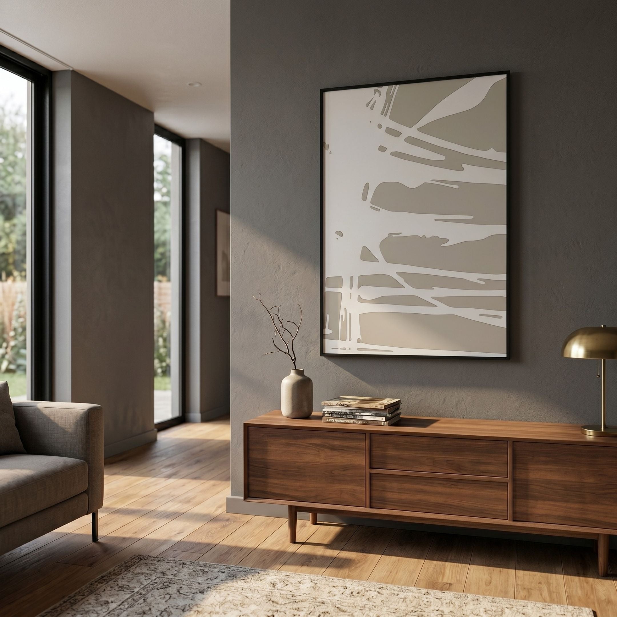 Deralin Taupe Drift Abstract 3D Carving Wall Art in a black frame above a walnut sideboard with vase and books in a modern grey-walled living room.