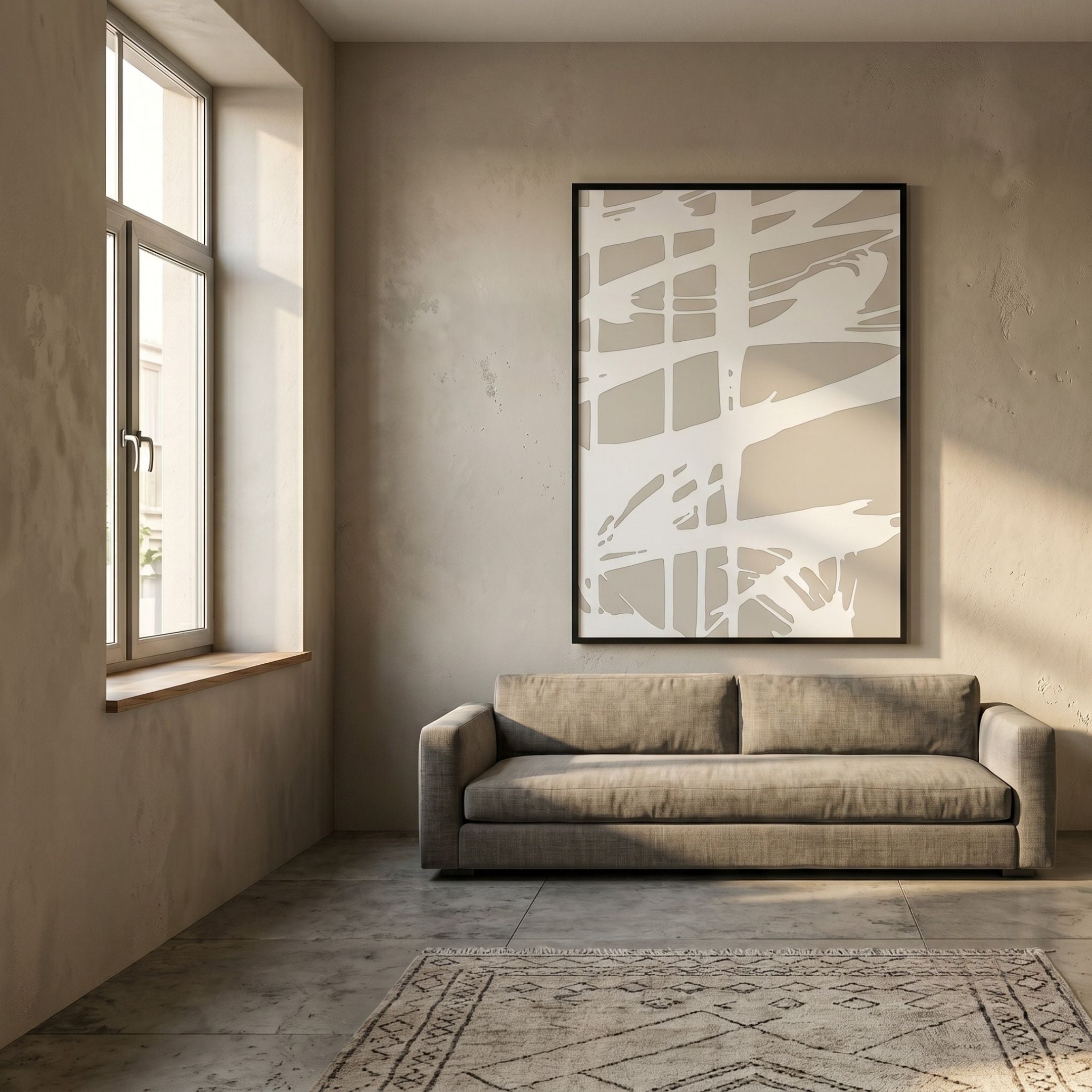 Deralin Taupe Stroke Abstract 3D Carving Wall Art by Giant Sculptures displayed above a beige linen sofa in a sunlit wabi-sabi room with a window.