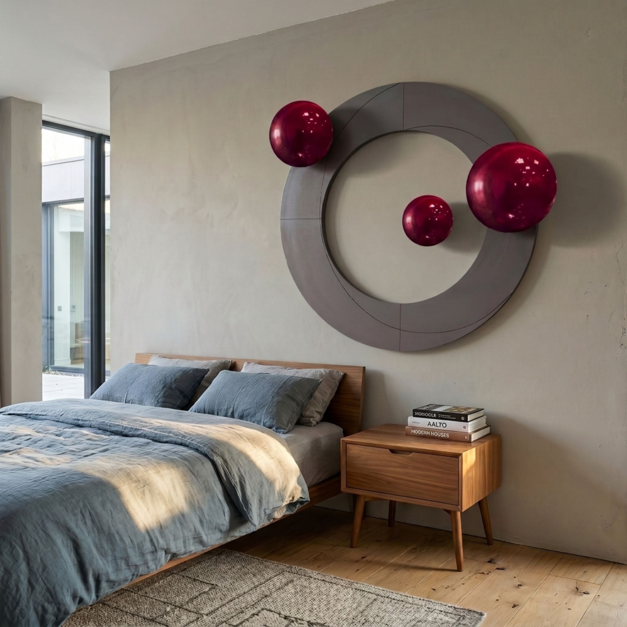 Celestara Grey Round 3D Wall Art by Giant Sculptures mounted above a wooden bed with blue linens, featuring three glossy red metal spheres on a grey ring.