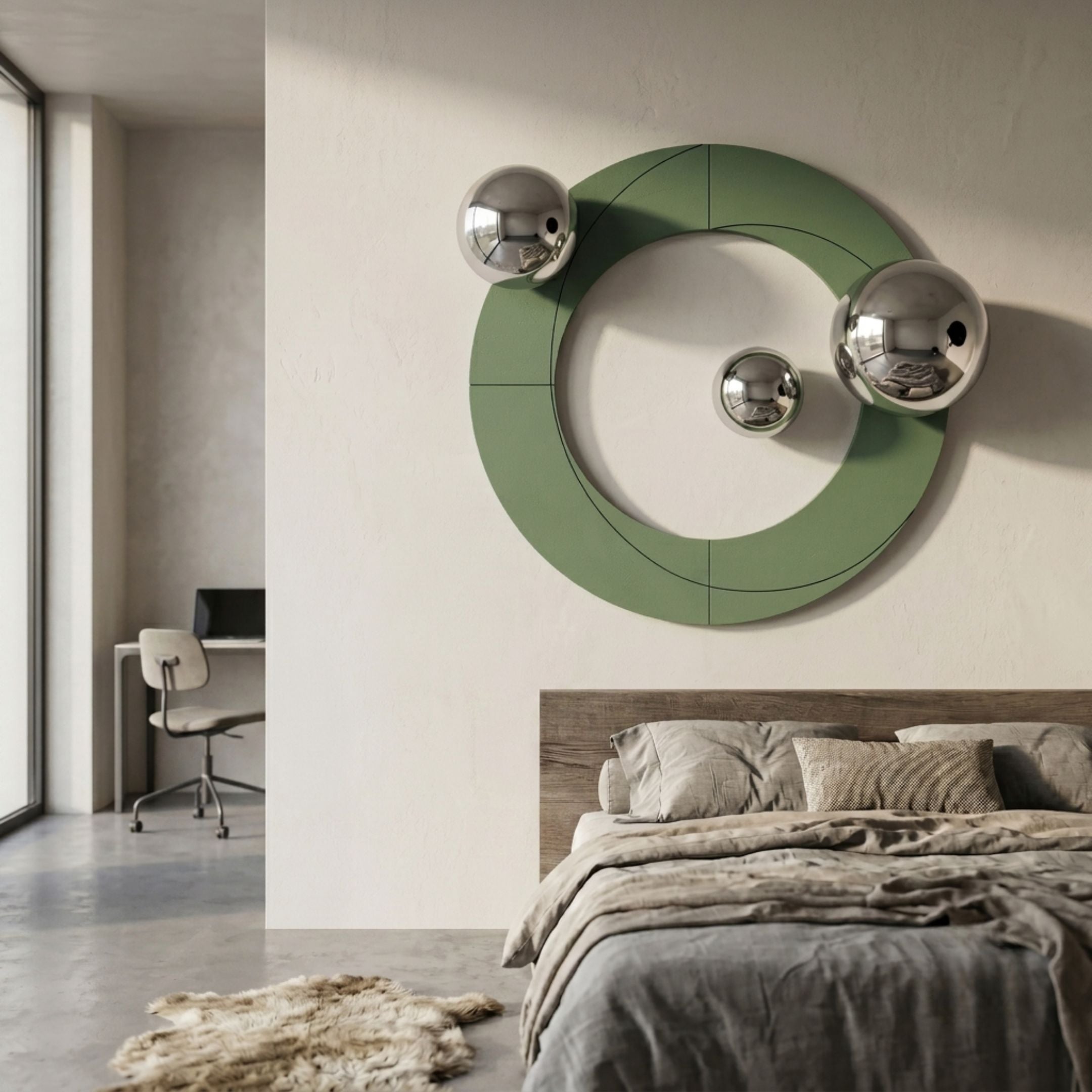 Celestara Green Round 3D Wall Art With Silver Metal Ball by Giant Sculptures displayed above a wooden bed, with a desk and chair in the adjoining room.