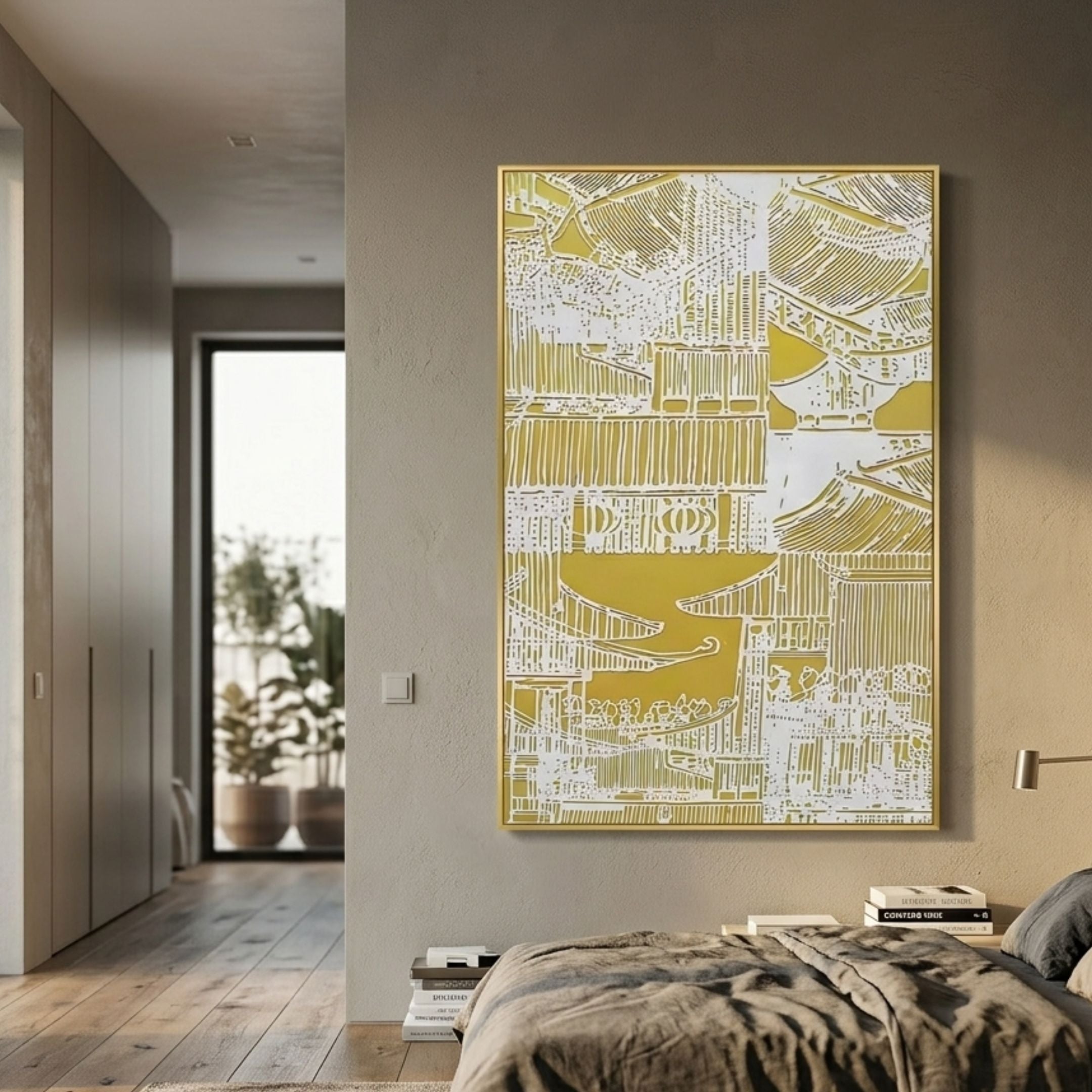 Noyari Temple Silhouette 3D Carving Wall Art by Giant Sculptures, white sandstone temple rooftops on gold panel, mounted in a modern bedroom hallway.