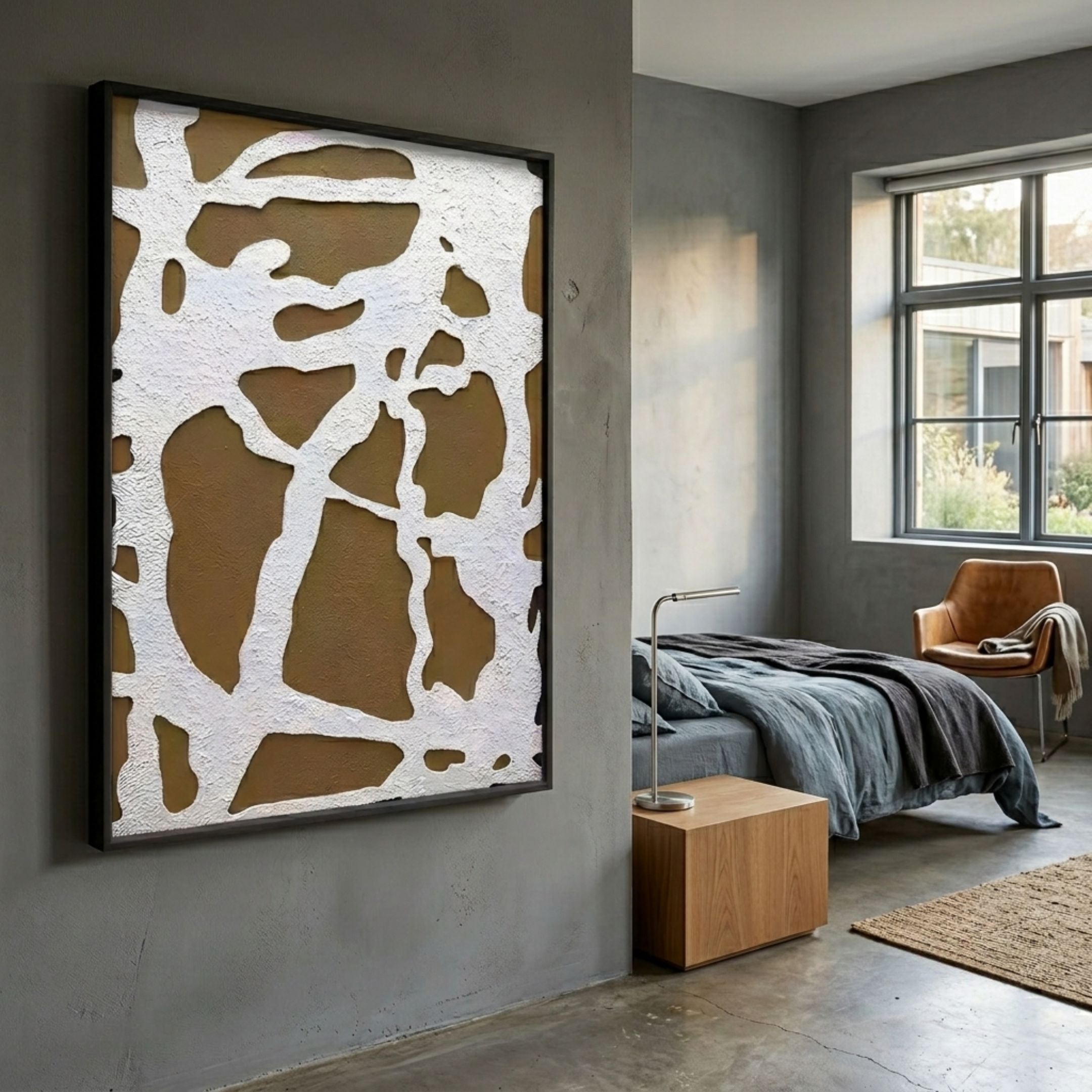 Drosan Bark Trace II Wood Carving 3D Wall Art with white branching relief on brown ground in a black frame, displayed in a grey concrete bedroom.