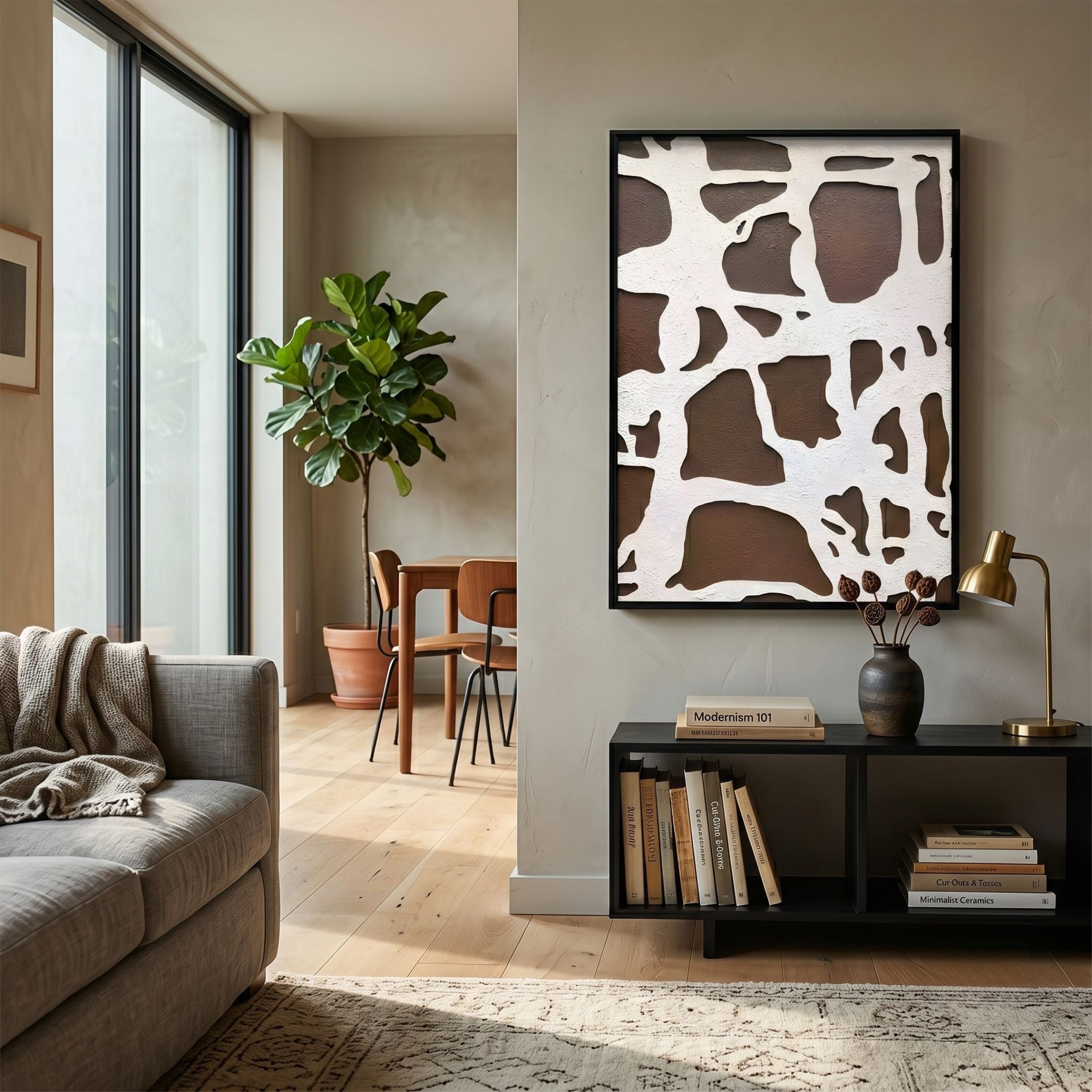 Drosan Earth Trace III Wood Carving 3D Wall Art with white organic shapes on brown wood in a slim black frame, mounted above a console in a modern living room.