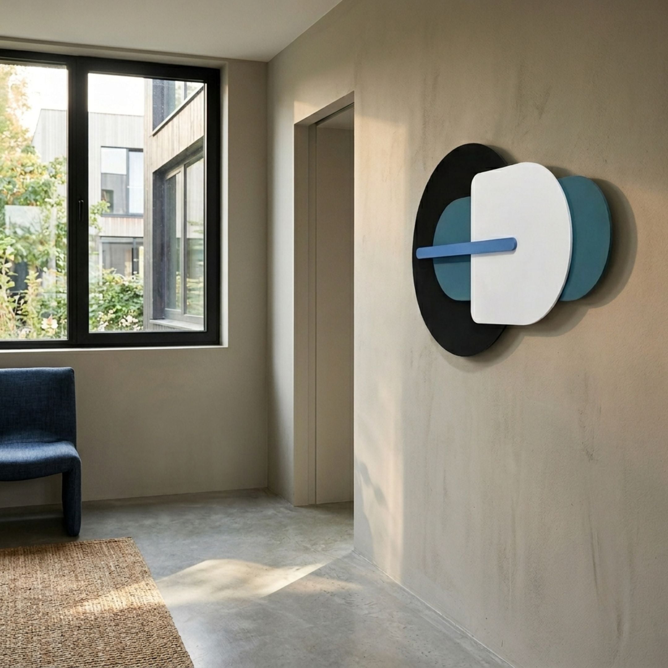 Orbitale Blue & White Geometry Wood Carving 3D Wall Art by Giant Sculptures mounted in a hallway with a black disc, teal ovals, white panel and blue bar.