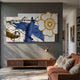 Bloomark Saffron Floral Abstract Texture 3D Wall Art with cobalt blue brushstrokes, black ink drips and a raised white-and-gold bloom, above a wooden console.