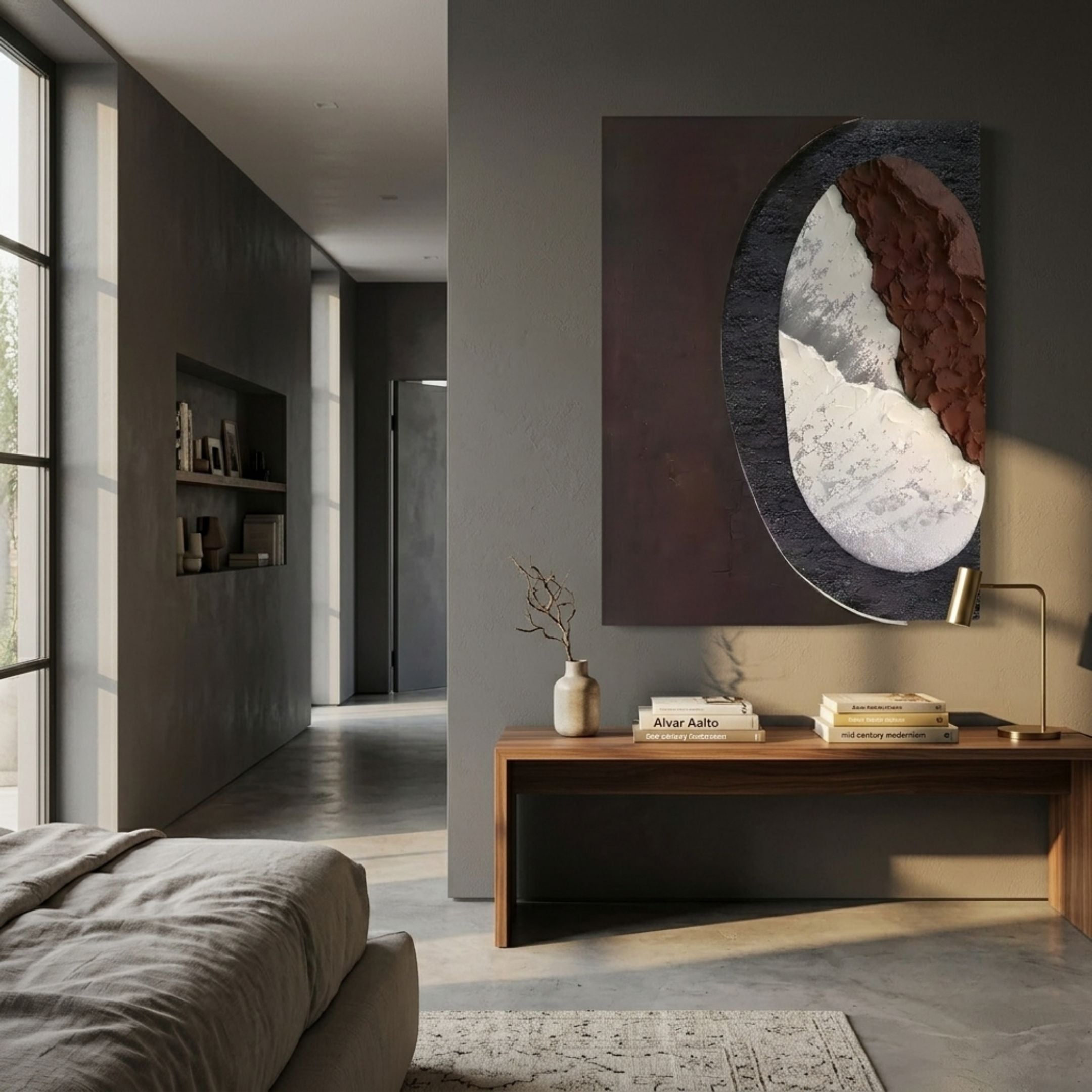 Tectra Rift Clay & Stone Textured 3D Wall Art by Giant Sculptures displayed above a walnut console in a grey-toned modern living room with hallway view.