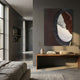 Tectra Rift Clay & Stone Textured 3D Wall Art by Giant Sculptures displayed above a walnut console in a grey-toned modern living room with hallway view.