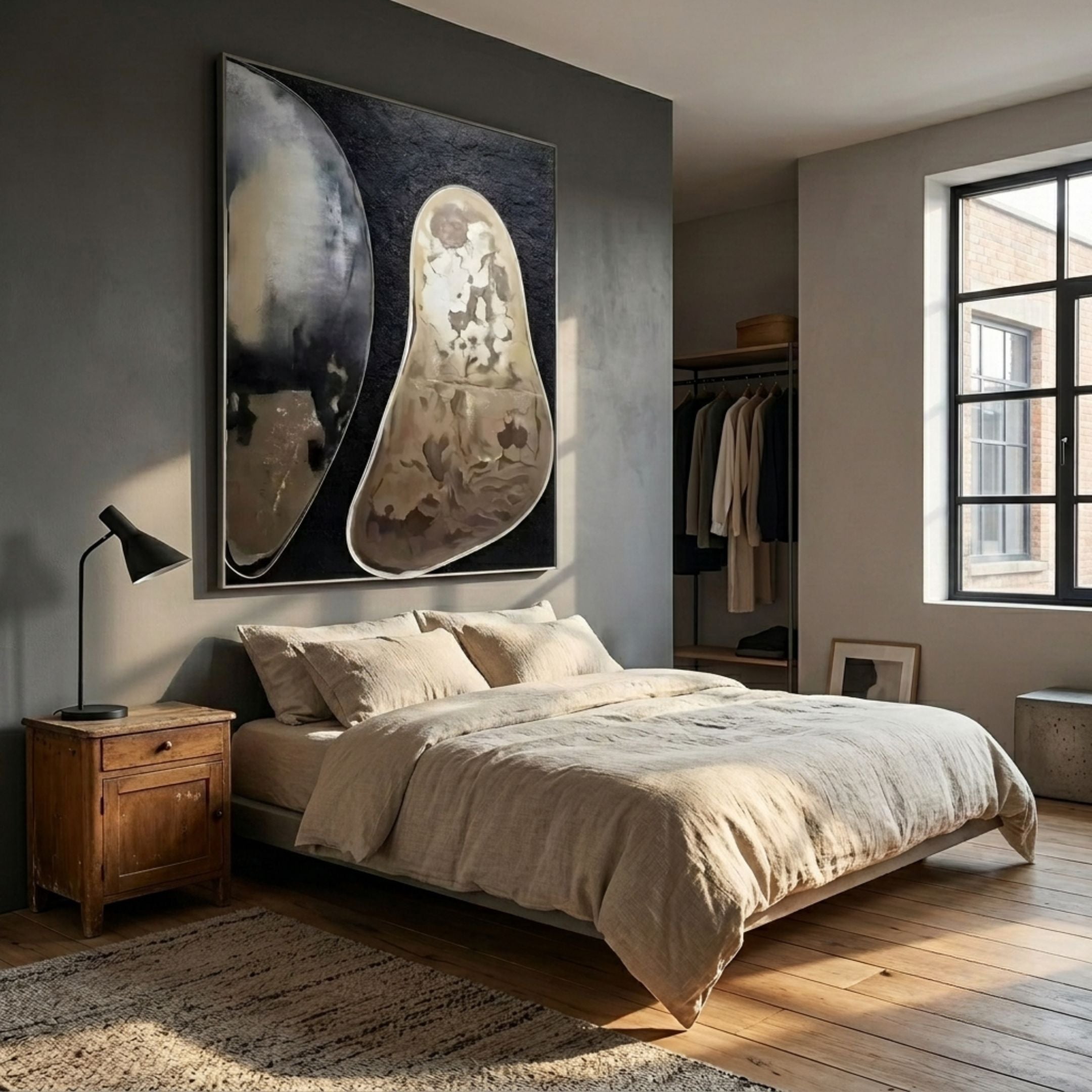 Tectra Drift Earth Textured Oil Painting 3D Wall Art by Giant Sculptures displayed above a linen-dressed bed in a modern bedroom with wooden nightstand and open wardrobe.