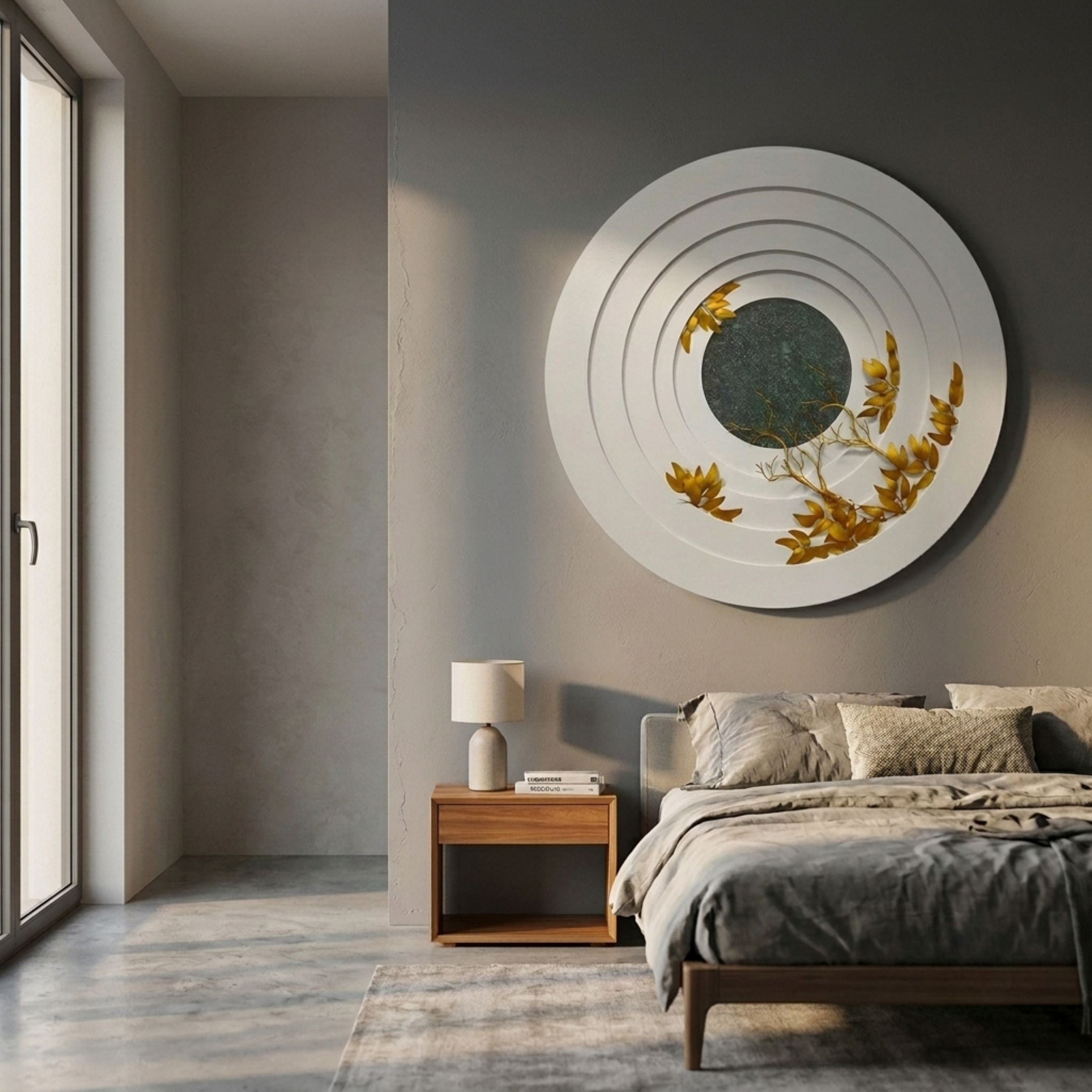 Aethera Golden Leaves Round Wood Carving 3D Wall Art mounted above a wooden nightstand in a modern bedroom with grey walls and linen bedding.