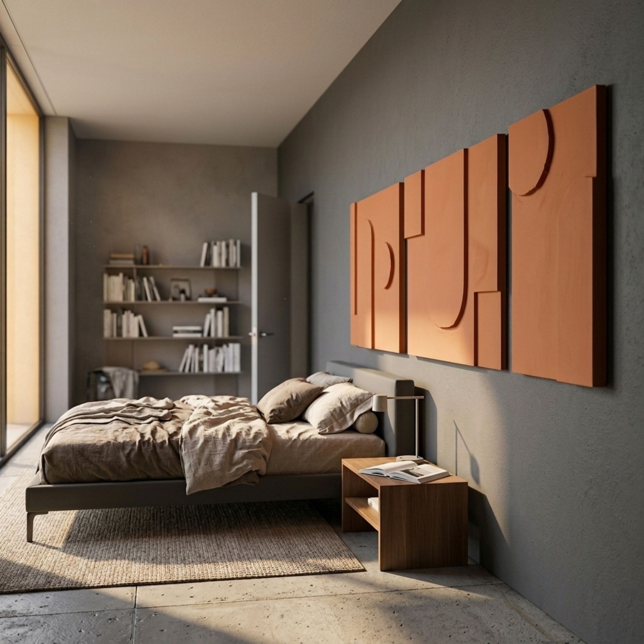 Giant Sculptures Moro III Triptych Burnt Orange Relief 3D Wall Art mounted above a low bed in a grey modern bedroom with bookshelf and timber side table.