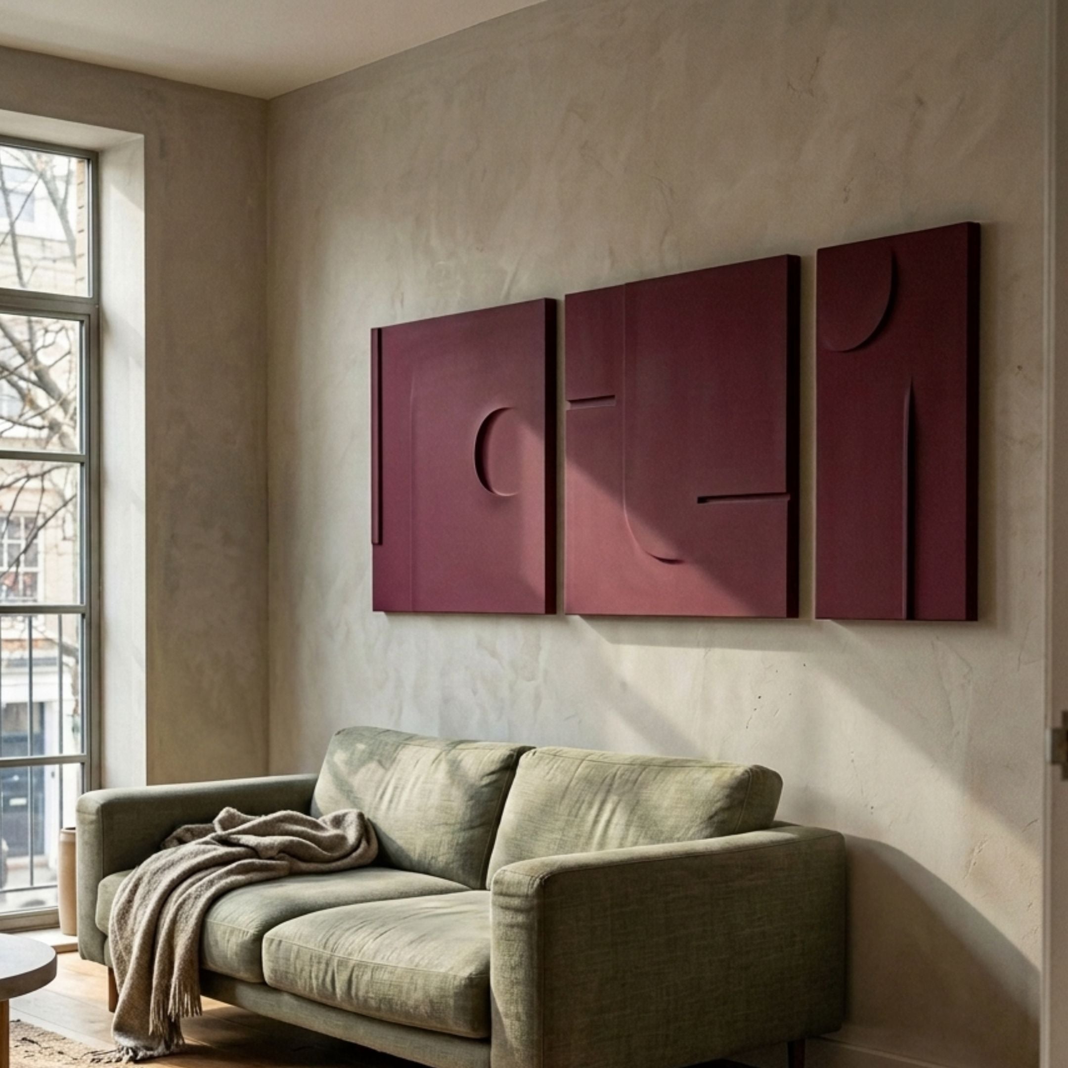 Moro III Triptych Deep Red Relief 3D Wall Art by Giant Sculptures displayed above a sage green sofa in a sunlit living room with plaster walls.