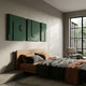 Moro III Triptych Deep Teal Relief 3D Wall Art by Giant Sculptures displayed above a wooden bed with rust and grey linens in a modern bedroom.