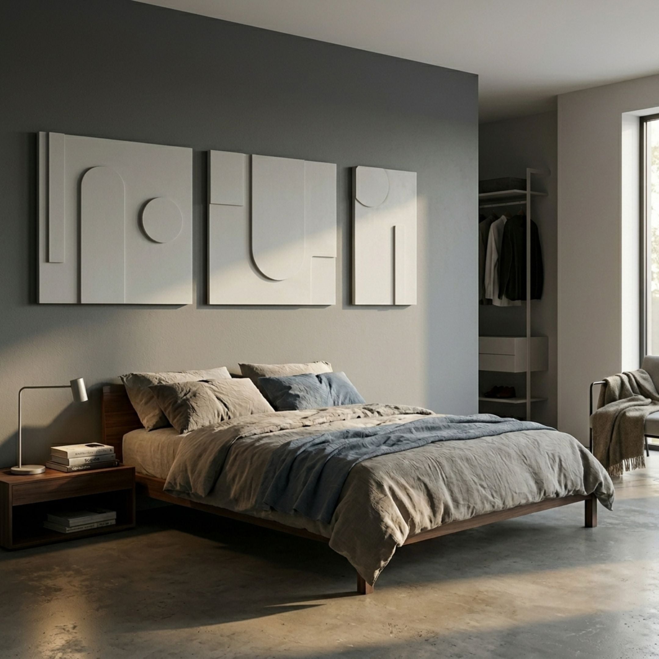 Giant Sculptures Moro III Triptych White Relief 3D Wall Art mounted above a wooden bed with linen bedding in a modern grey bedroom with open wardrobe.