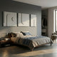 Giant Sculptures Moro III Triptych White Relief 3D Wall Art mounted above a wooden bed with linen bedding in a modern grey bedroom with open wardrobe.