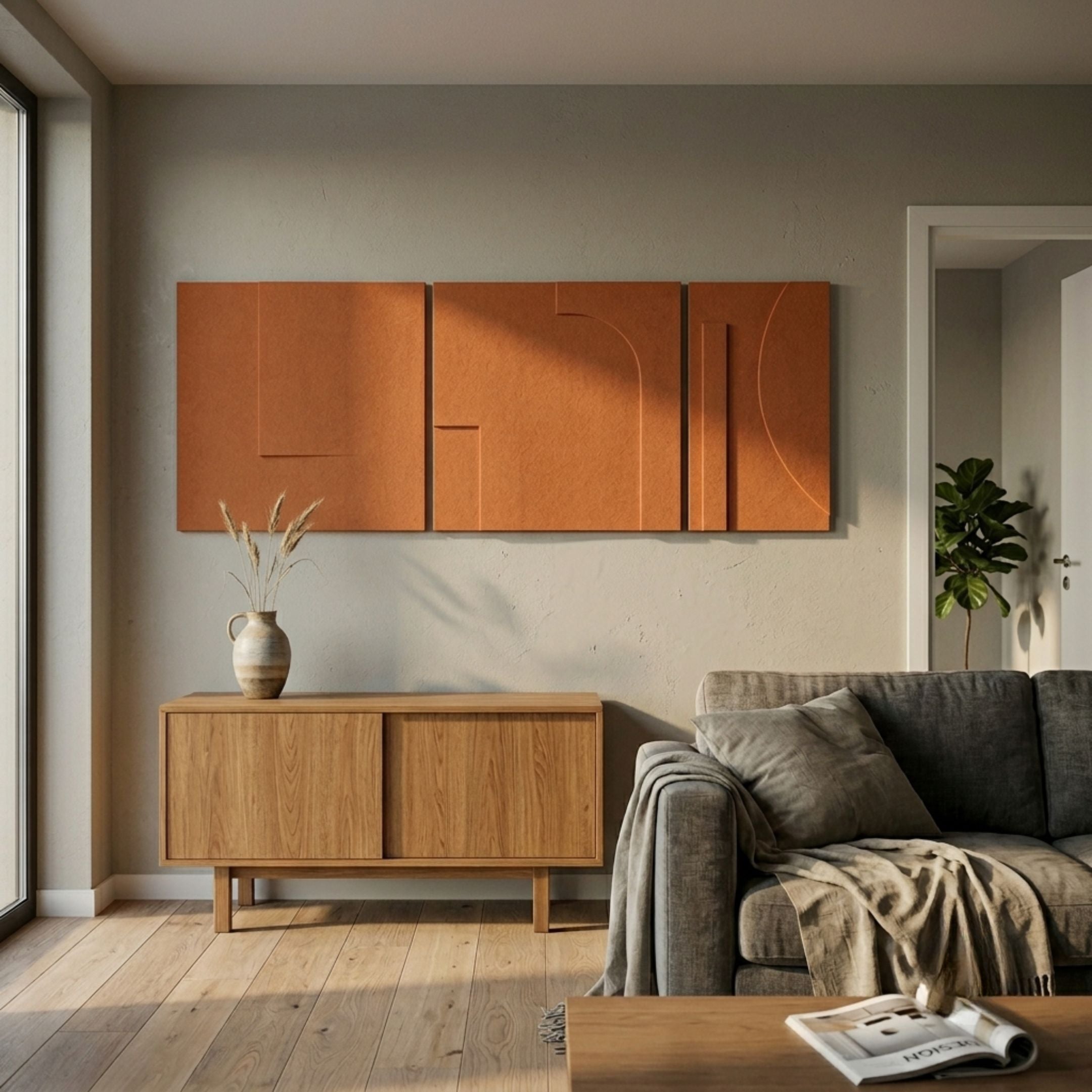 Moro II Triptych Burnt Orange Relief 3D Wall Art by Giant Sculptures mounted above an oak sideboard in a Nordic living room with grey sofa and vase.