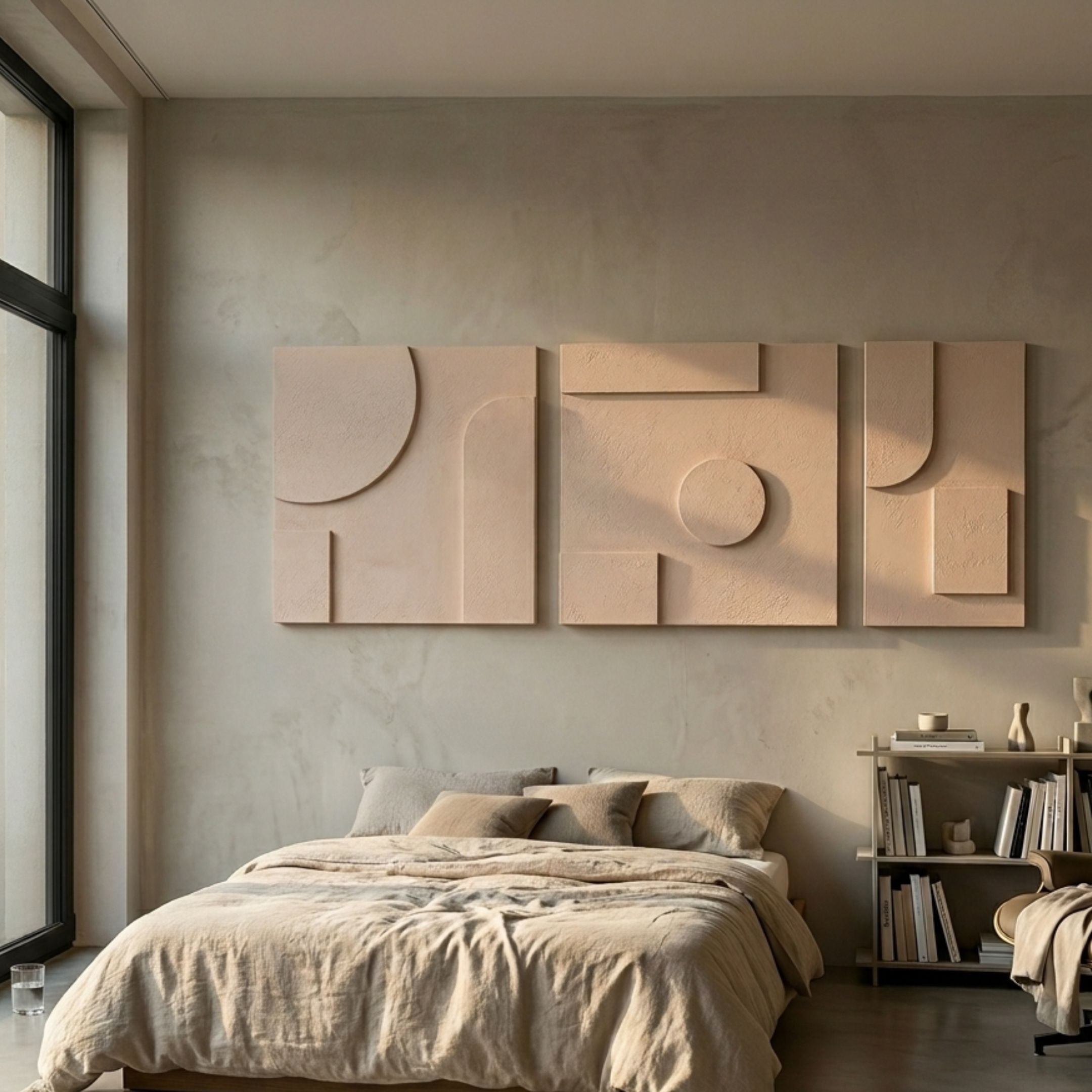 Giant Sculptures Moro I Triptych Sandstone Relief 3D Wall Art in beige, hung above a linen-dressed bed in a minimalist bedroom with a bookshelf alongside.