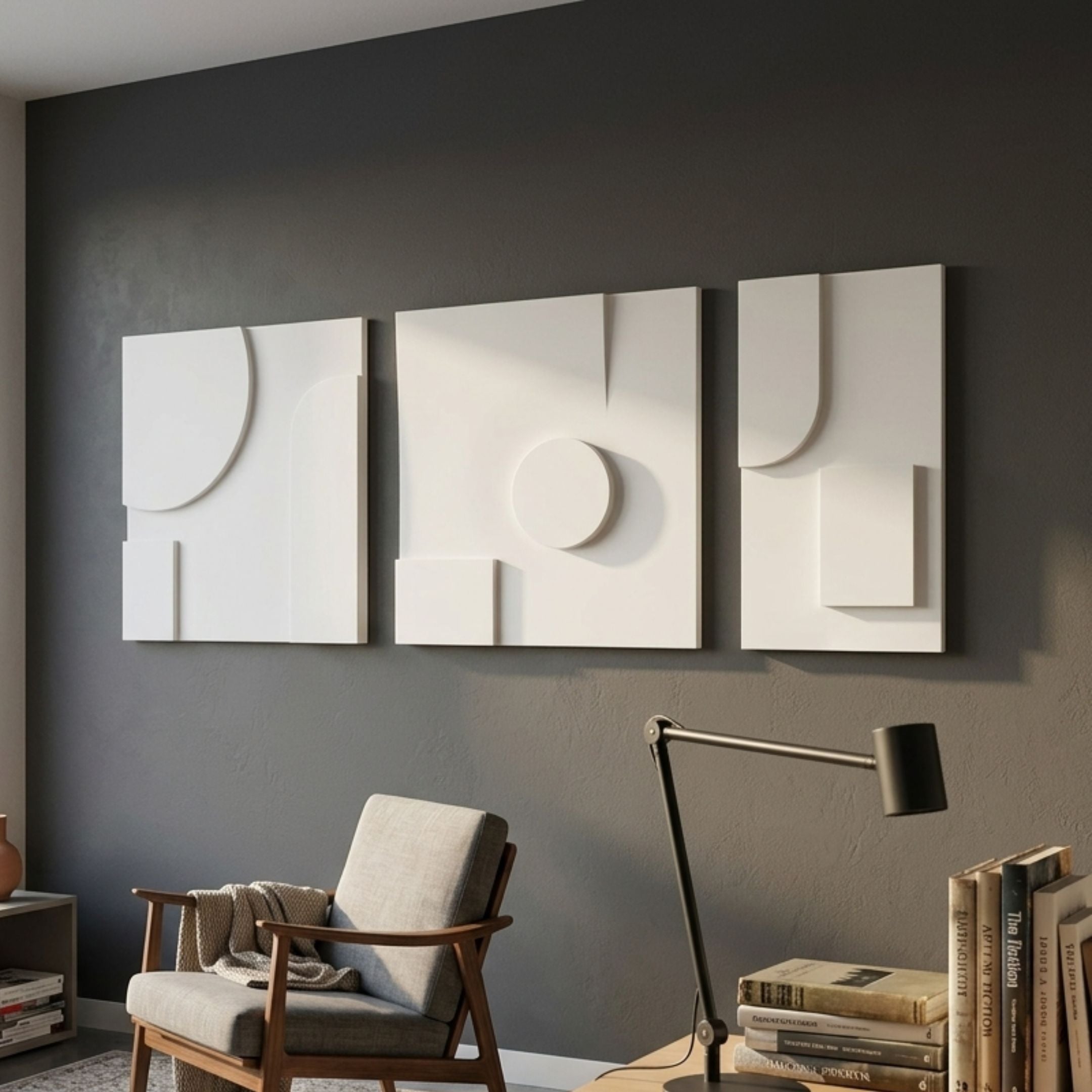 Moro I Triptych White Relief 3D Wall Art by Giant Sculptures displayed on a dark grey wall above a mid-century armchair, lamp, and stacked books.