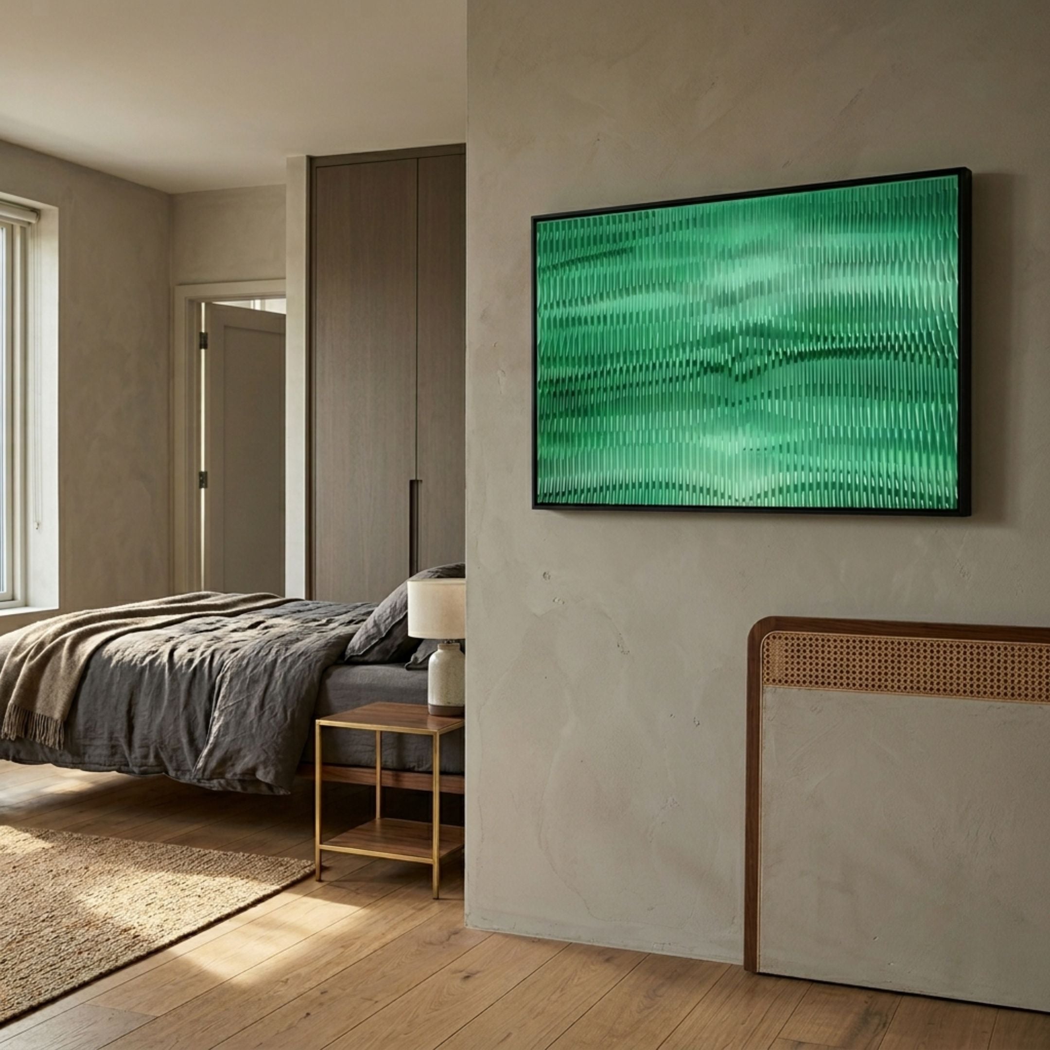 Prismetal Emerald Flow Wood Carving 3D Wall Art with vertical ridged emerald lines in a black frame, mounted above a cane headboard in a neutral bedroom.
