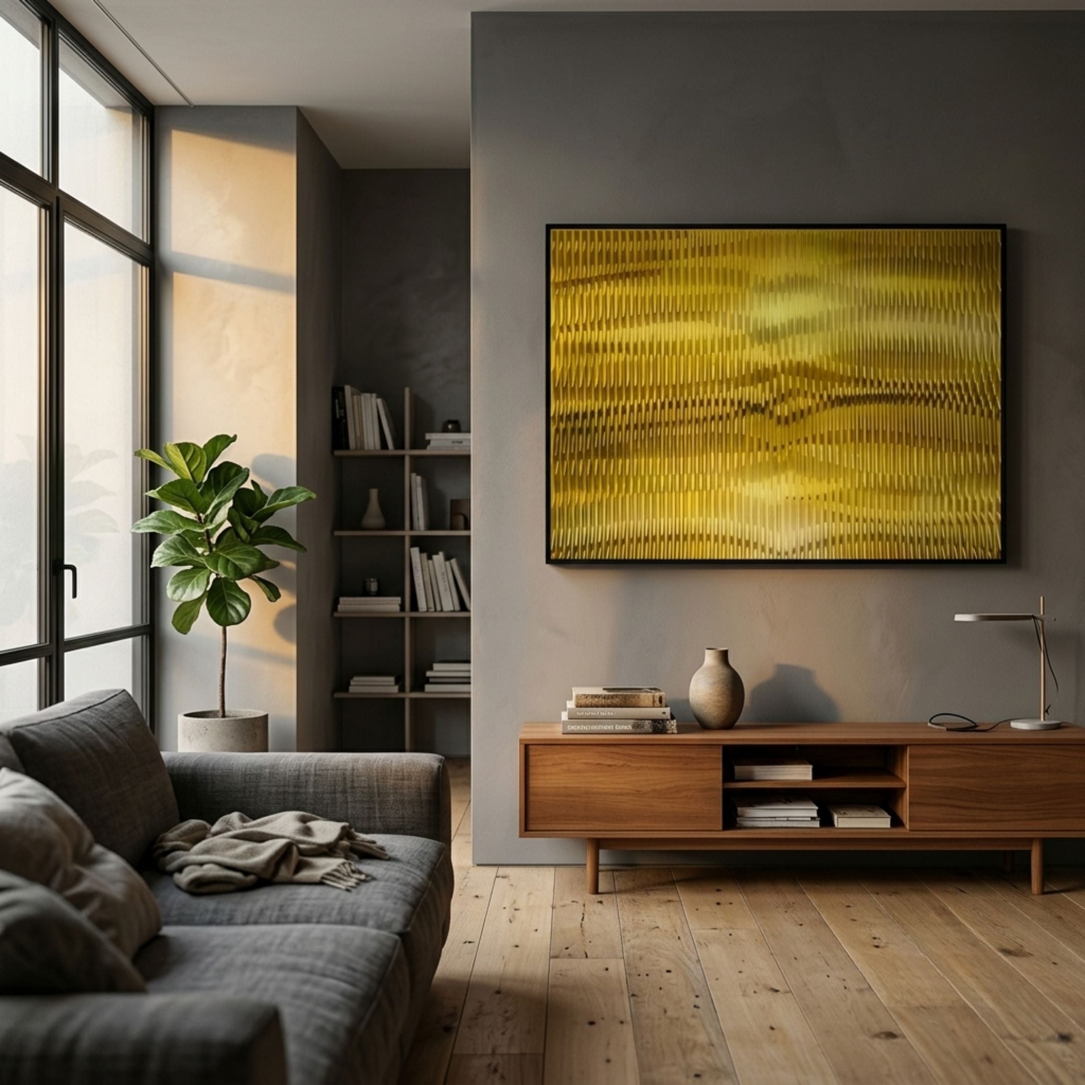 Prismetal Gold Flow Wood Carving 3D Wall Art by Giant Sculptures displayed on a grey wall above a wooden sideboard in a modern living room with a fiddle-leaf fig.