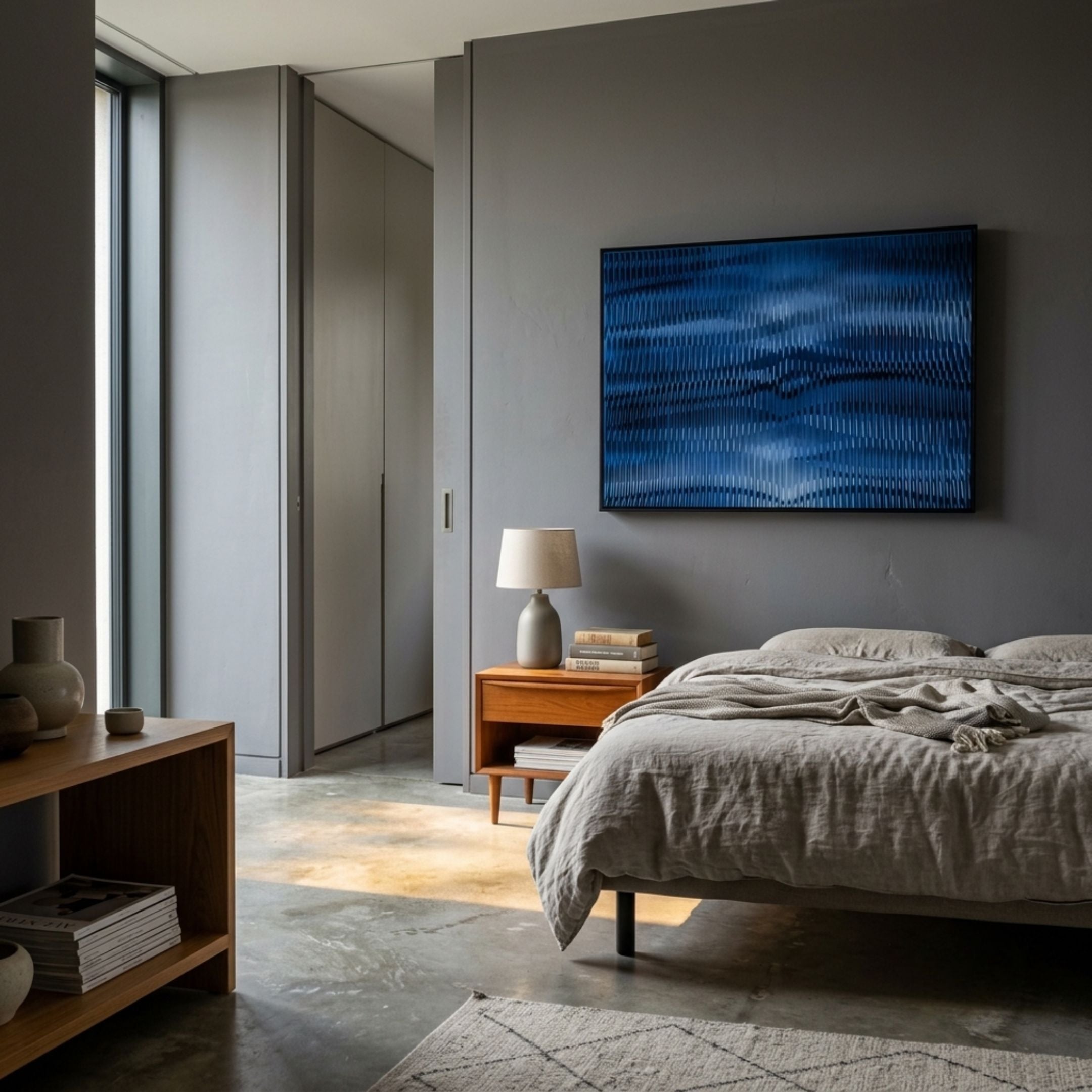 Prismetal Cobalt Flow Wood Carving 3D Wall Art by Giant Sculptures mounted above a wooden nightstand in a grey modern bedroom with linen-dressed bed.