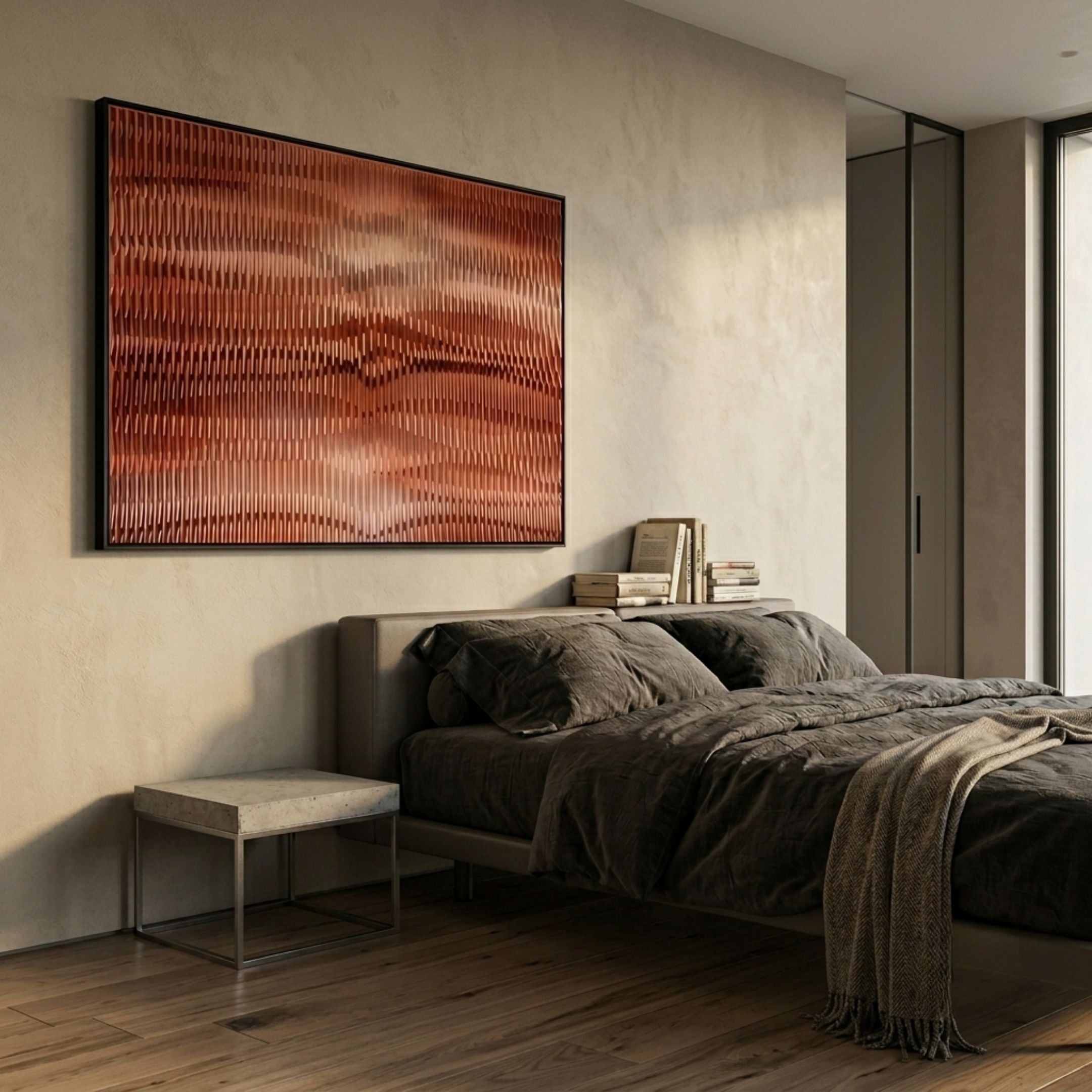 Prismetal Copper Flow Wood Carving 3D Wall Art by Giant Sculptures mounted above a grey linen bed with concrete side table in a modern bedroom.