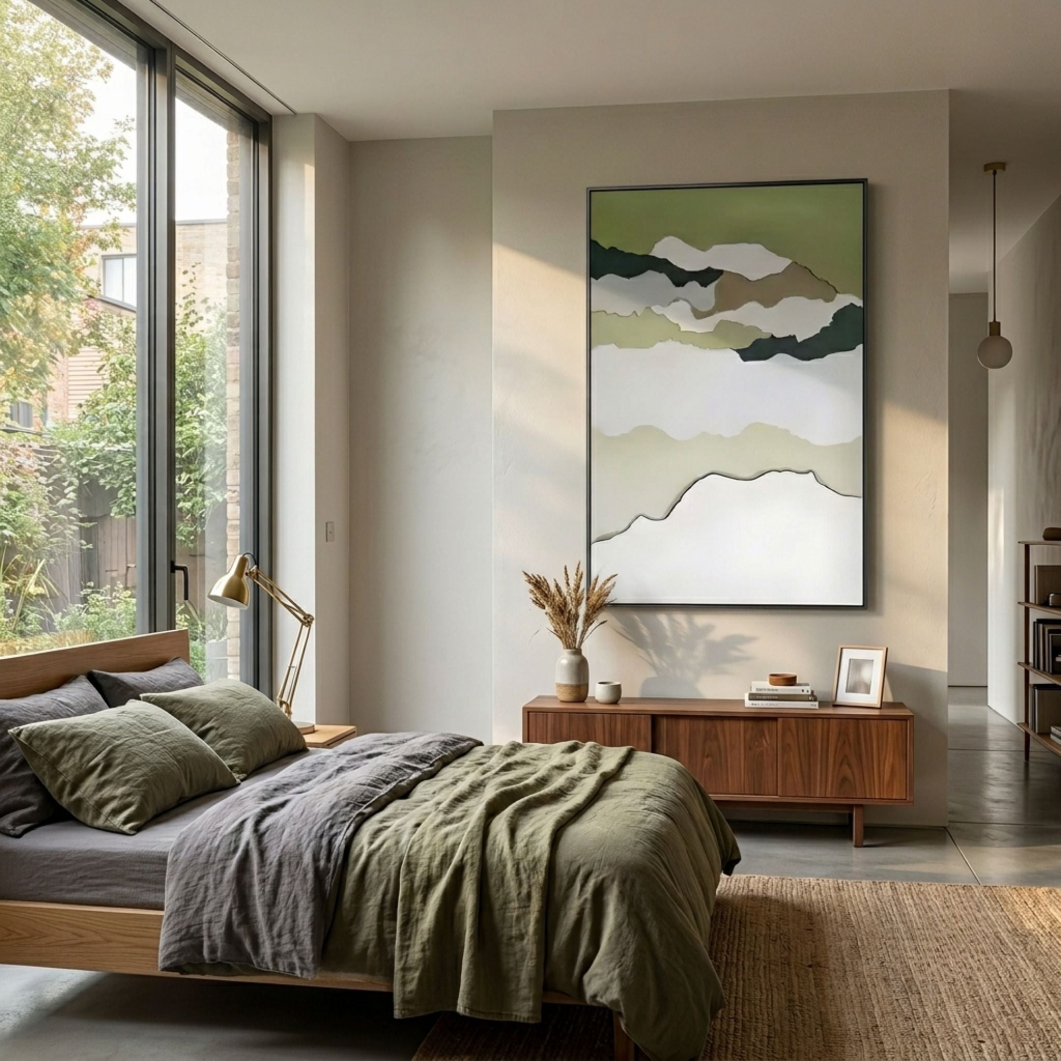 Skymelt Green Hand-Painted Sandstone 3D Wall Art by Giant Sculptures displayed above a walnut sideboard in a modern bedroom with olive linens and garden view.