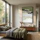Skymelt Green Hand-Painted Sandstone 3D Wall Art by Giant Sculptures displayed above a walnut sideboard in a modern bedroom with olive linens and garden view.