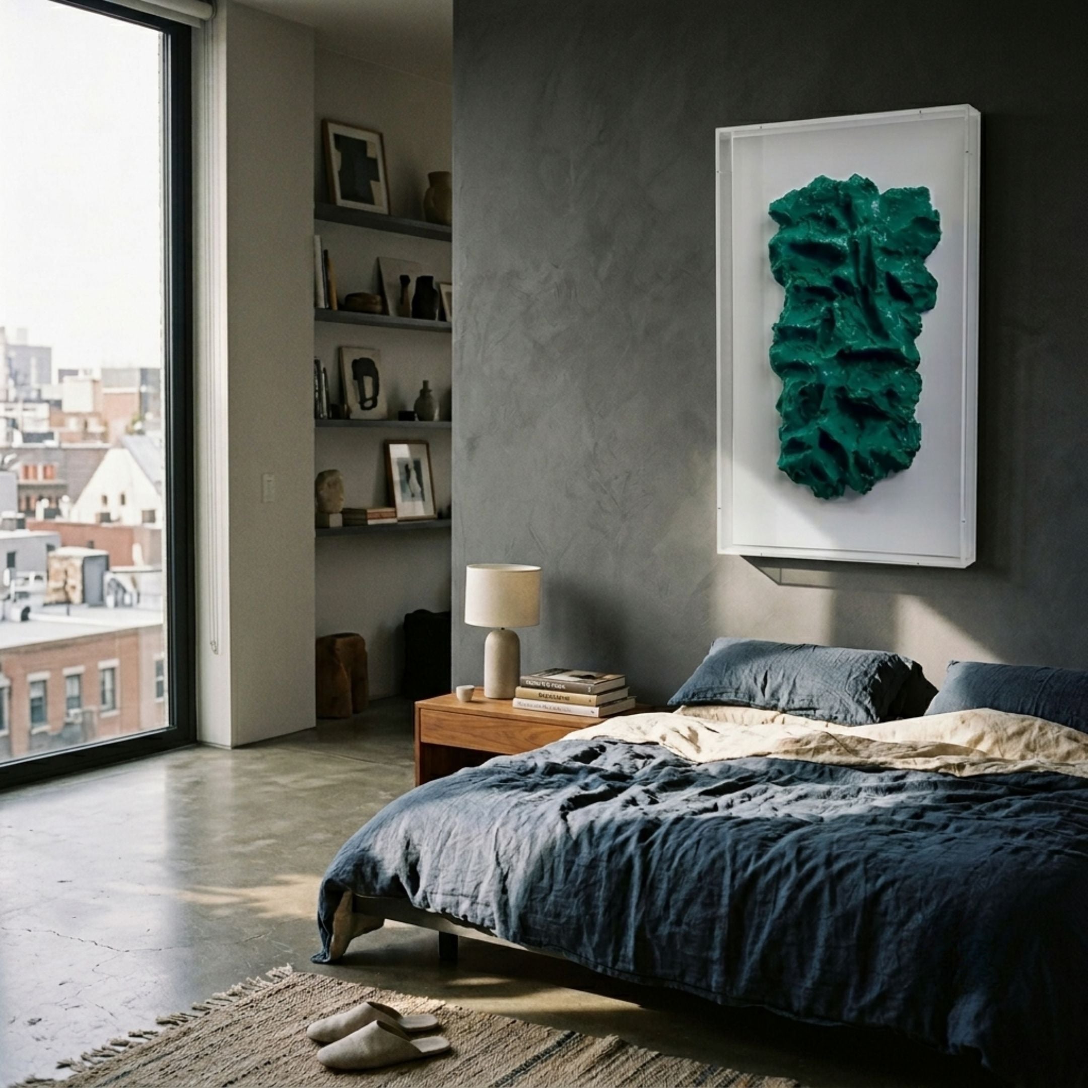 Malachra Crest II Relief Sandstone 3D Wall Art by Giant Sculptures, green organic crest in a white frame, mounted above a nightstand in a modern bedroom.