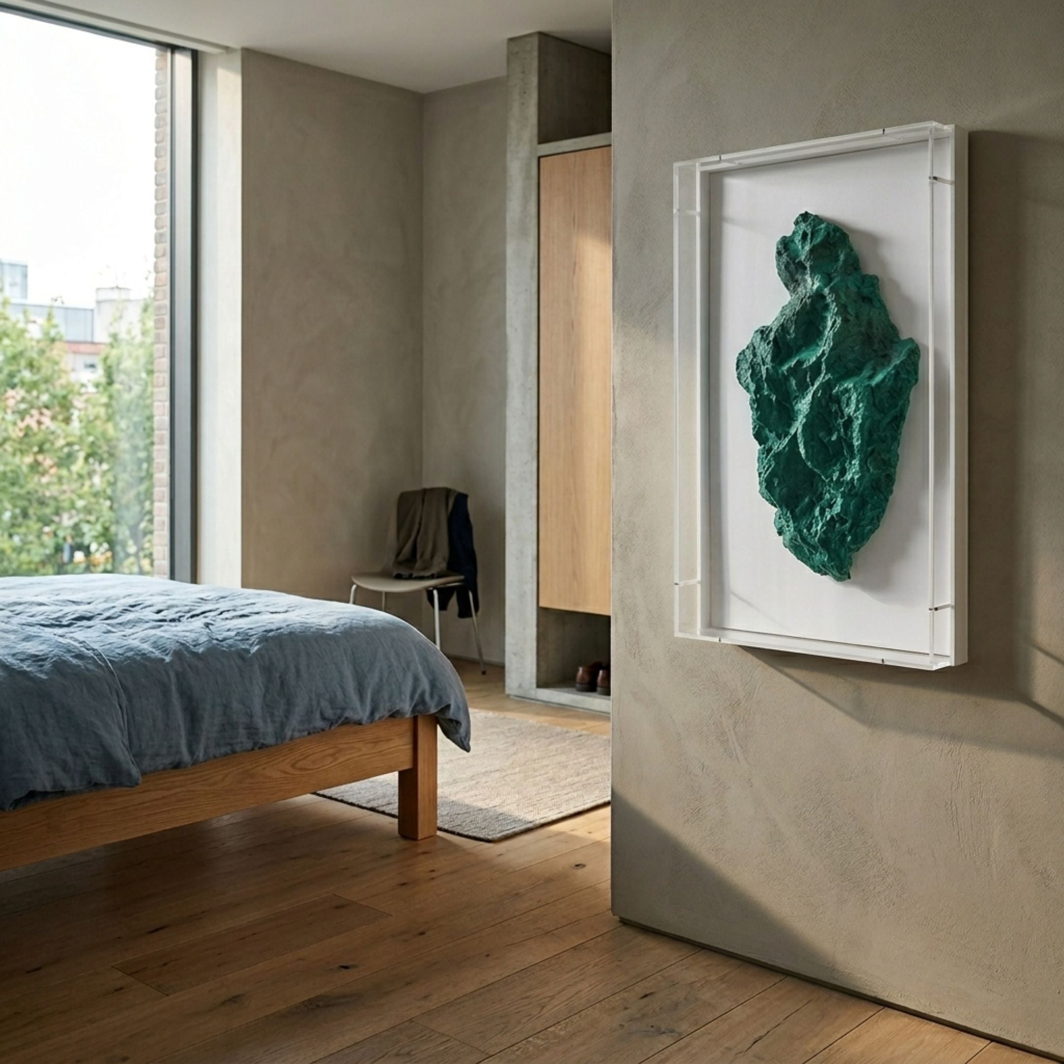 Malachra Crest I Relief Sandstone 3D Wall Art by Giant Sculptures mounted in a modern bedroom with a blue linen bed, oak frame, and large window.
